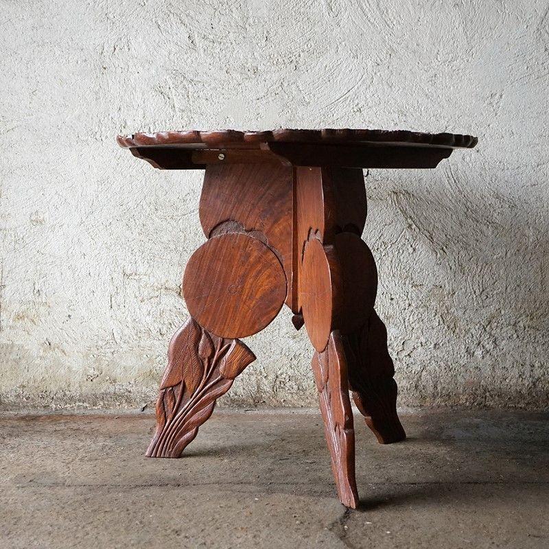 Wood Antique Folk Art Hand Carved Dish Top Occasional Table, Early 20th Century