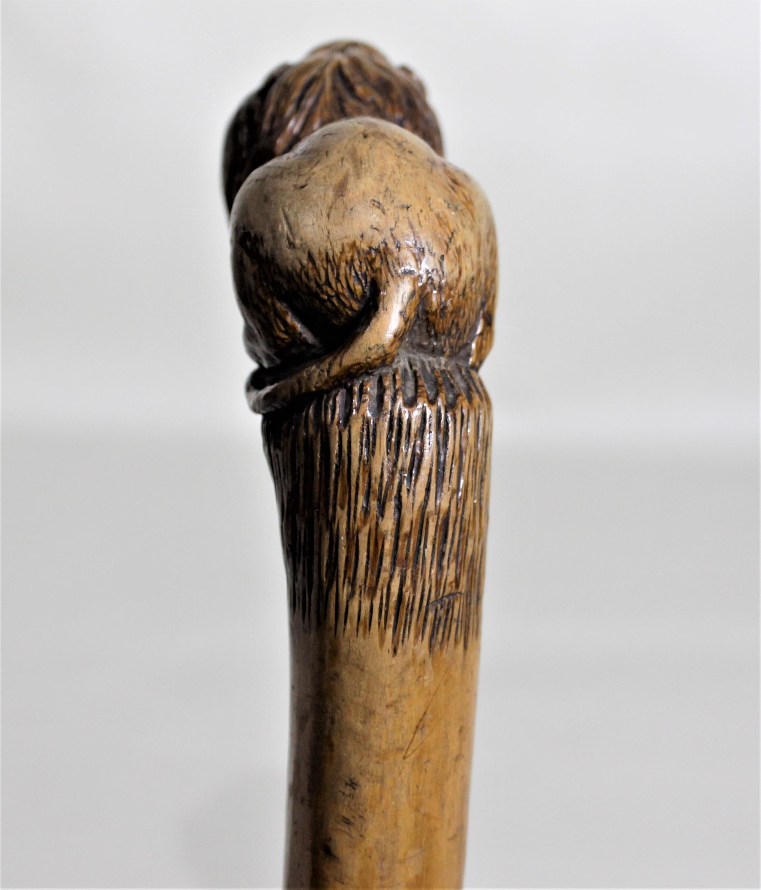 English Antique Folk Art Hand Carved Figural Seated Lion Handled Cane or Walking Stick