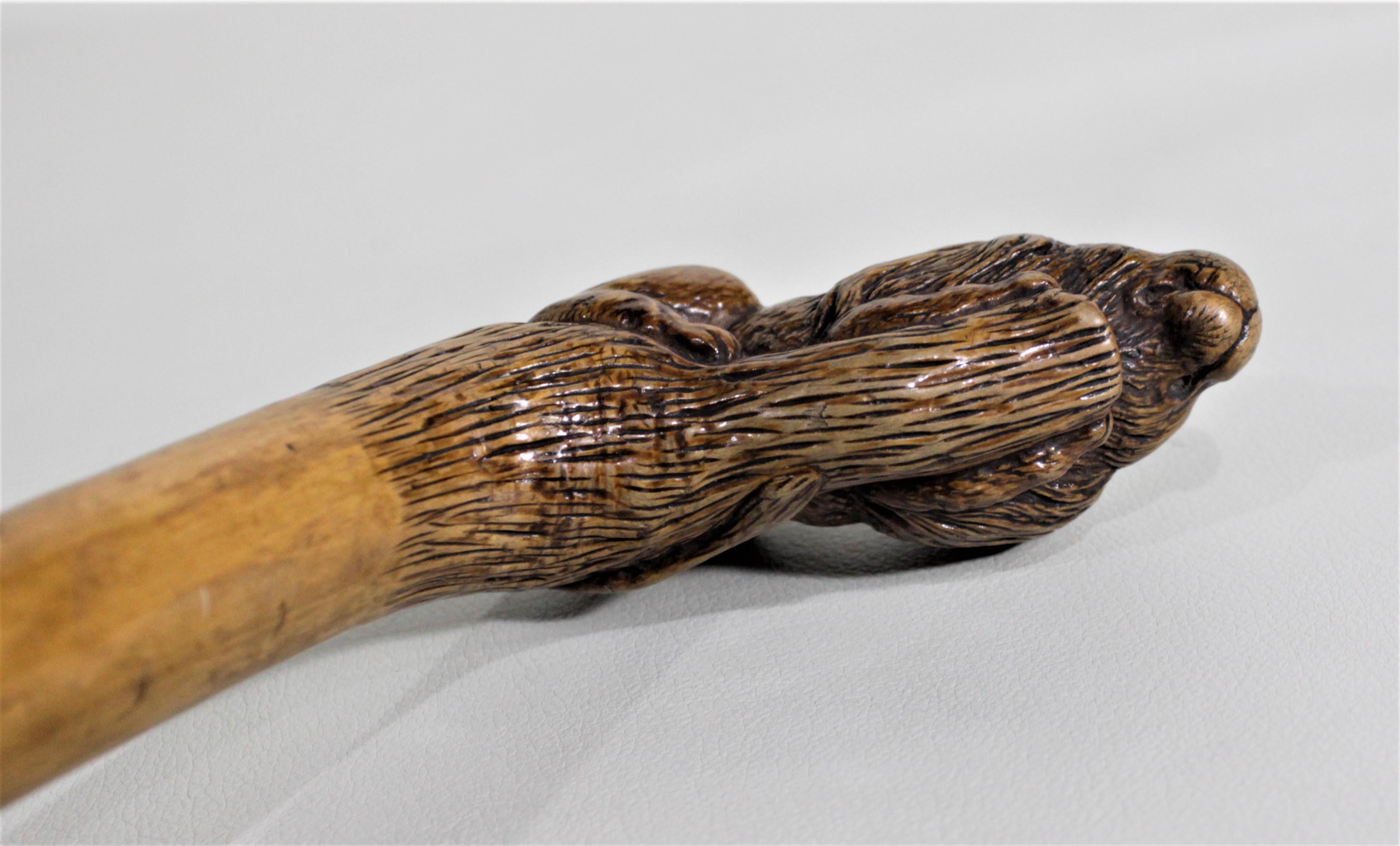 Hand-Carved Antique Folk Art Hand Carved Figural Seated Lion Handled Cane or Walking Stick