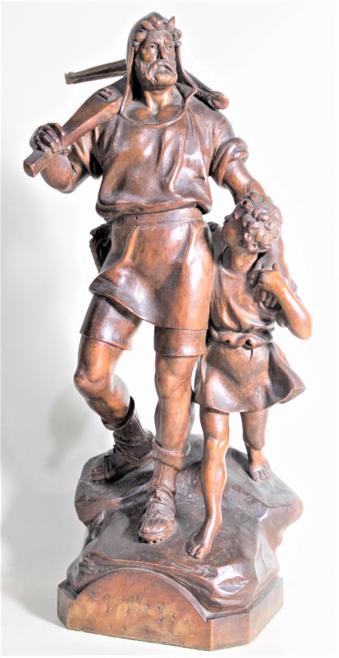 This Folk Art carved antique sculpture is unsigned, but presumed to have originated from Europe, likely Austria or Germany in the late 19th century in the period realistic style. The study depicts 'William Tell' of folklore known most notably for