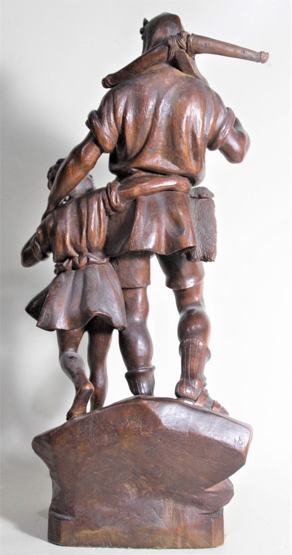 19th Century Antique Folk Art Hand Carved 'William Tell' & Boy Wooden Figurative Sculpture
