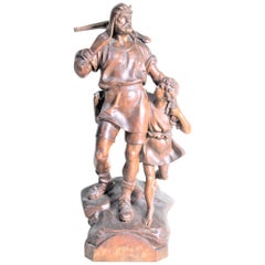 Antique Folk Art Hand Carved 'William Tell' & Boy Wooden Figurative Sculpture