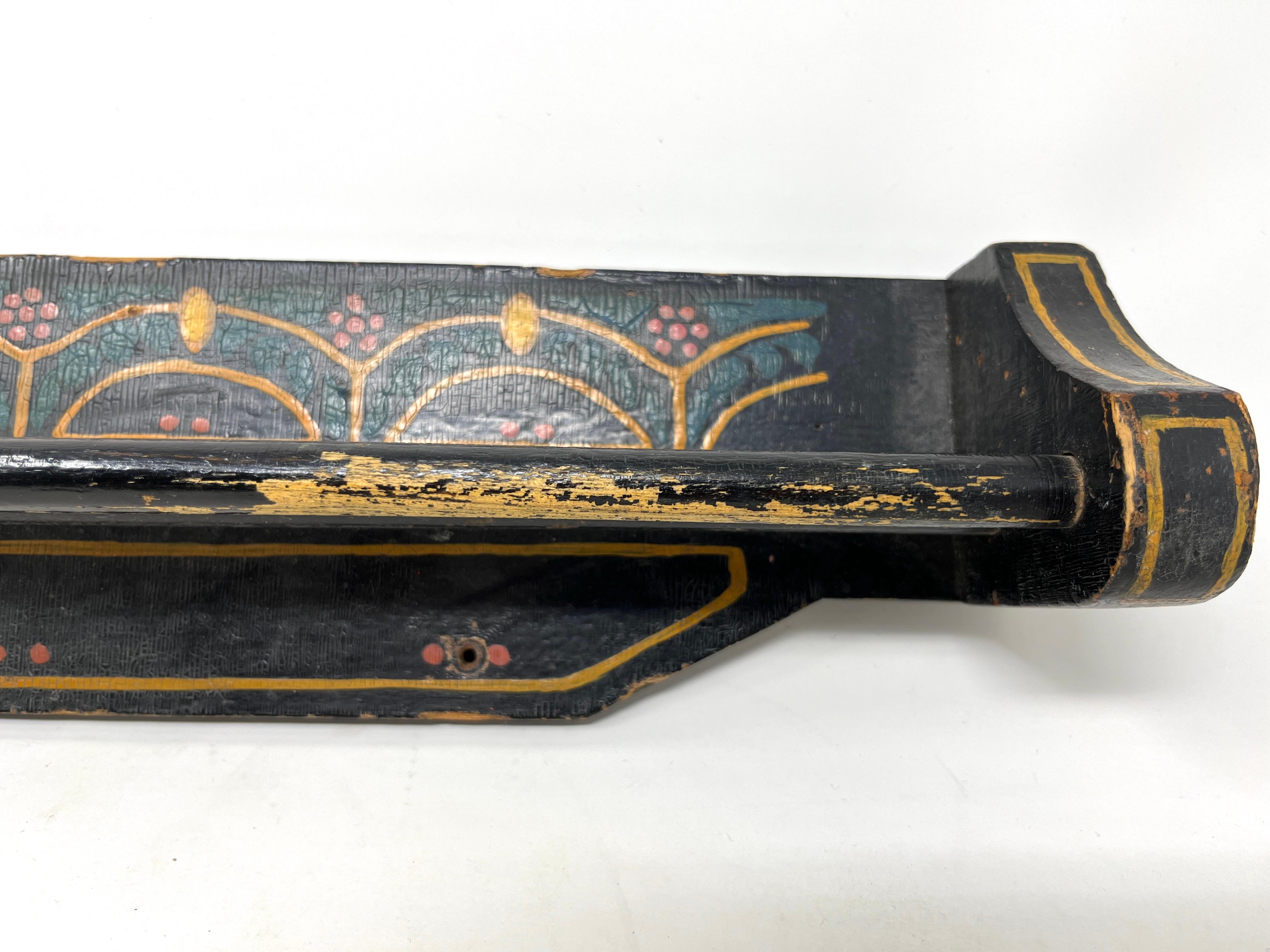 Arts and Crafts Antique Folk Art Hand-Painted Black Towel Hanger Holder Bar Rack, Wall Mount For Sale