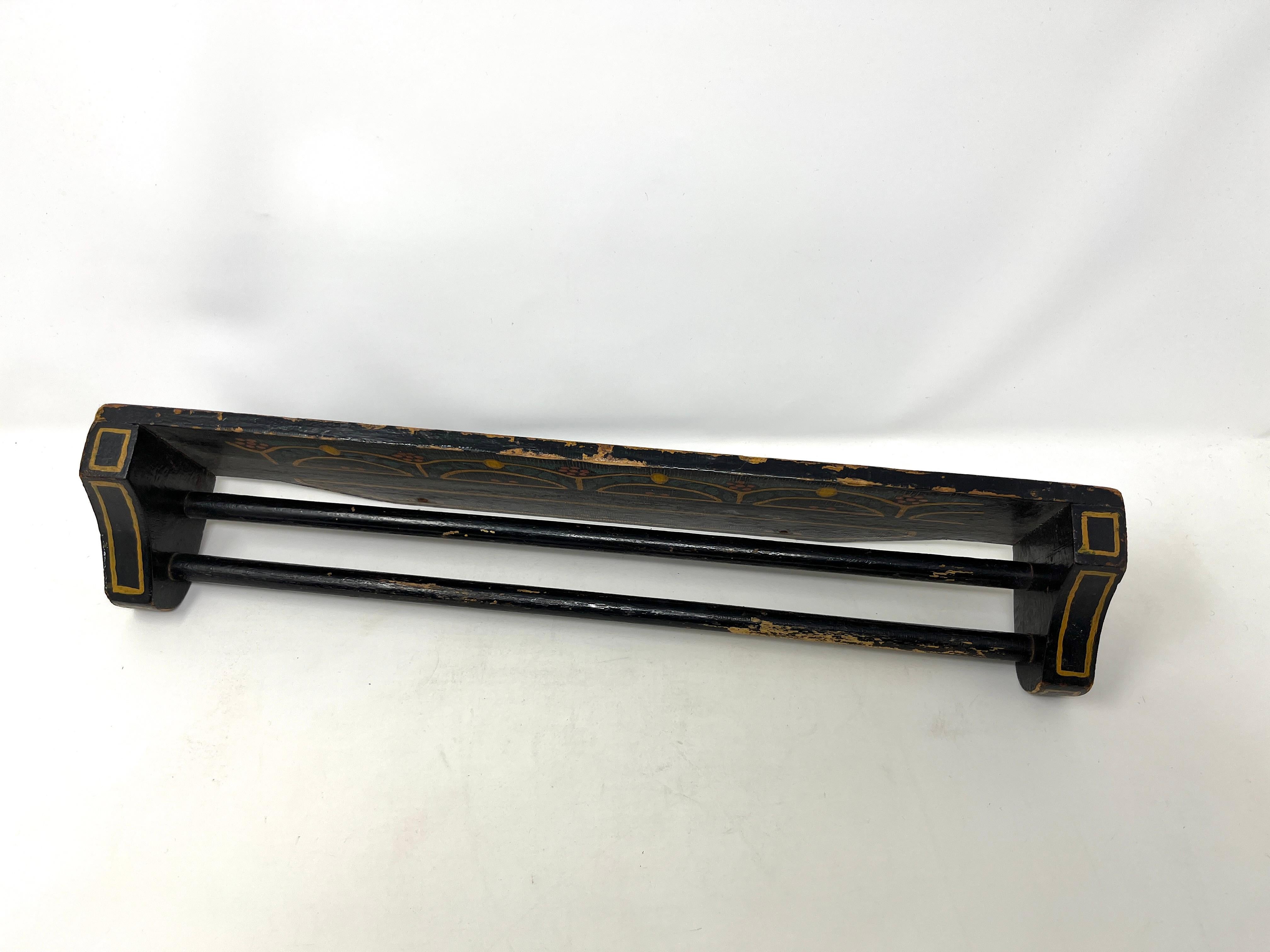 Unknown Antique Folk Art Hand-Painted Black Towel Hanger Holder Bar Rack, Wall Mount For Sale
