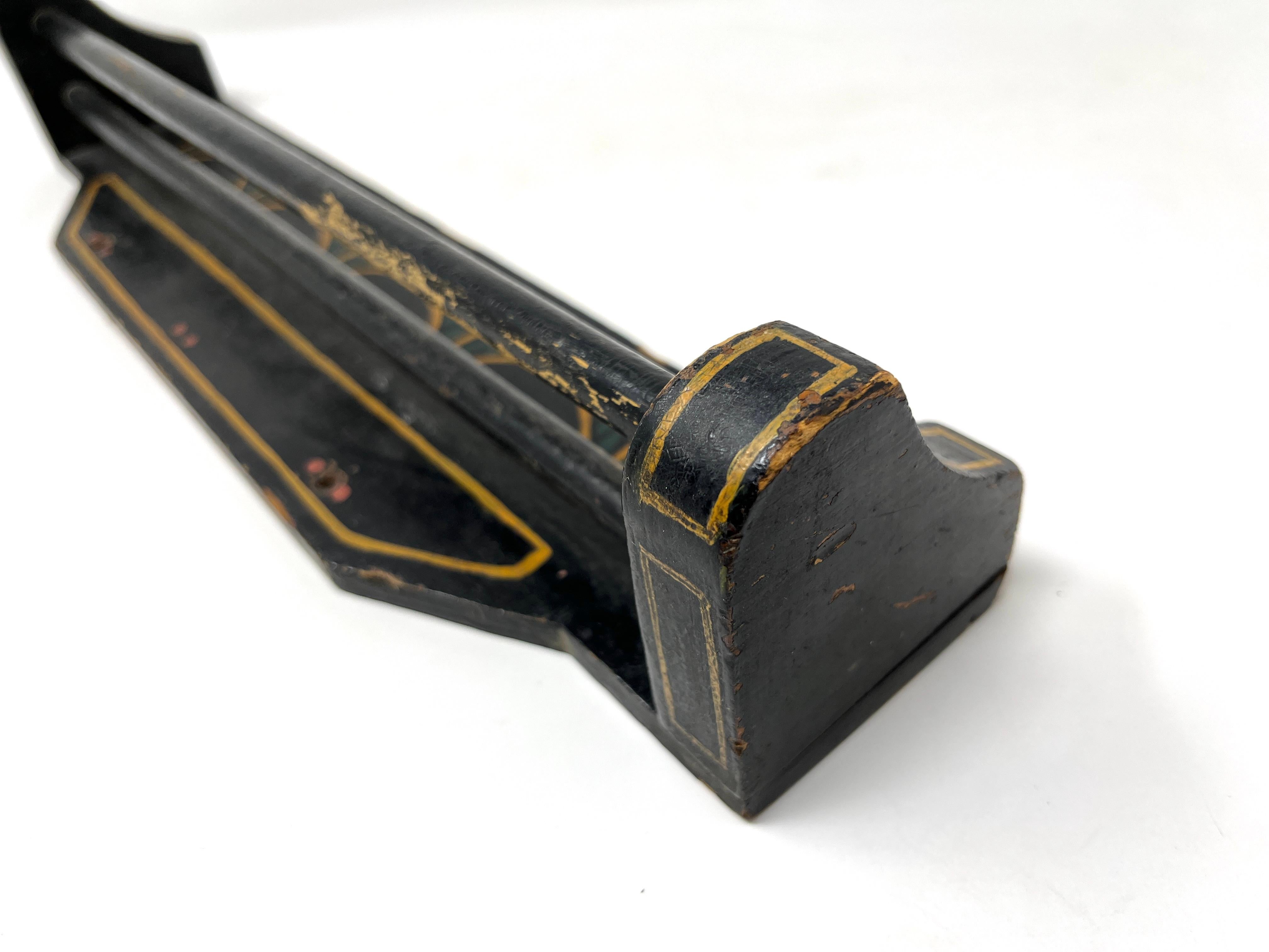 Antique Folk Art Hand-Painted Black Towel Hanger Holder Bar Rack, Wall Mount In Good Condition For Sale In Chicago, IL