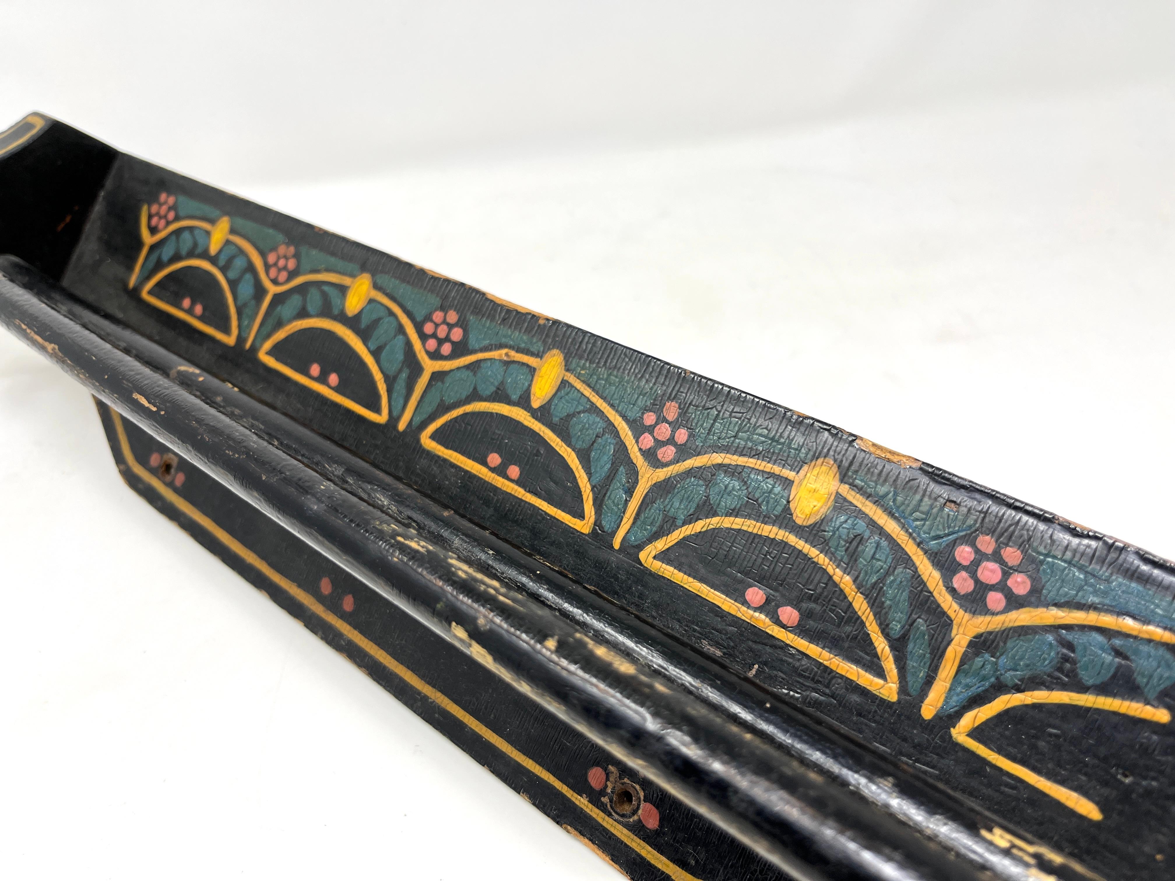 20th Century Antique Folk Art Hand-Painted Black Towel Hanger Holder Bar Rack, Wall Mount For Sale