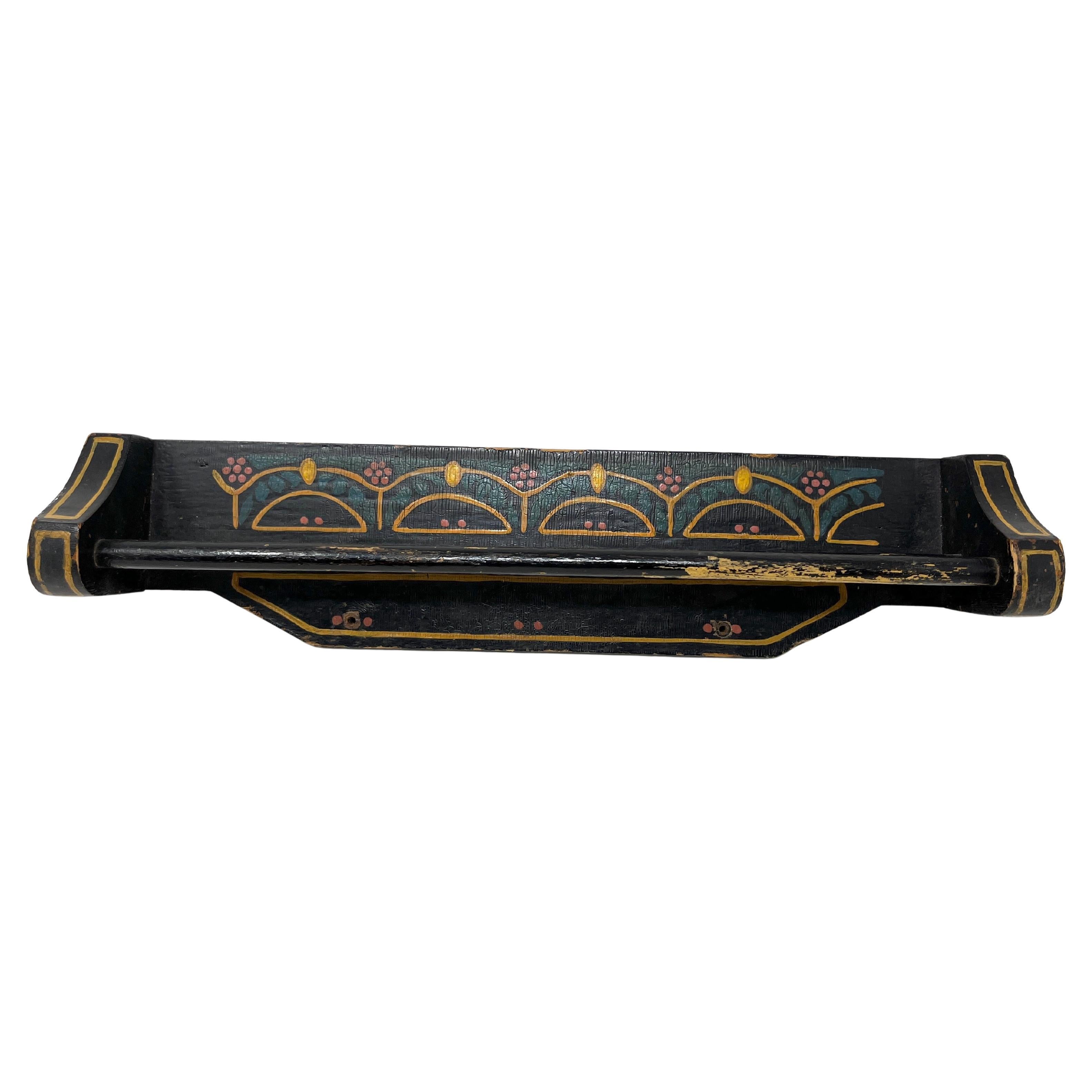 Antique Folk Art Hand-Painted Black Towel Hanger Holder Bar Rack, Wall Mount For Sale