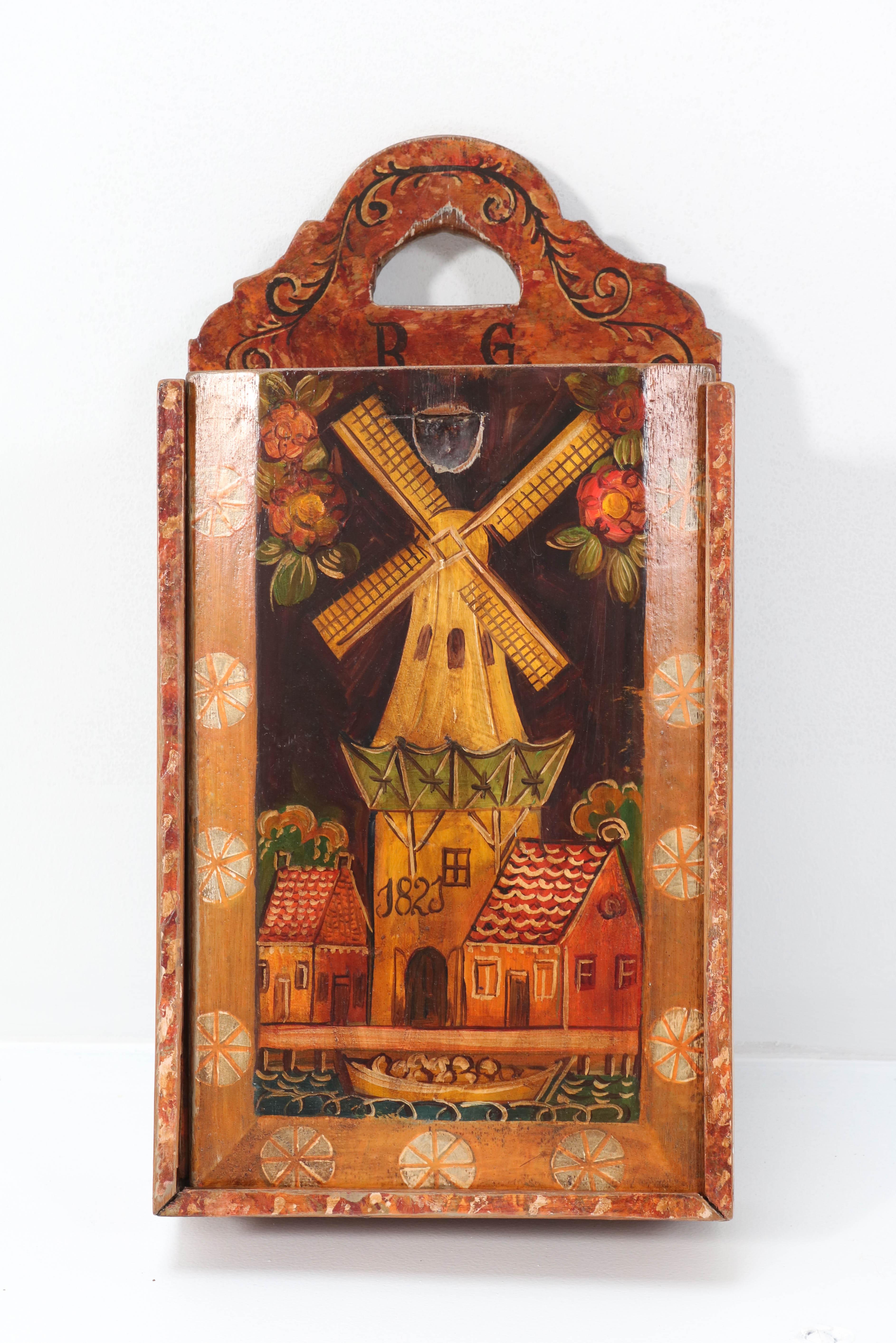 Dutch Antique Folk Art Hand- Painted Wooden Hindeloopen School Box, 1823