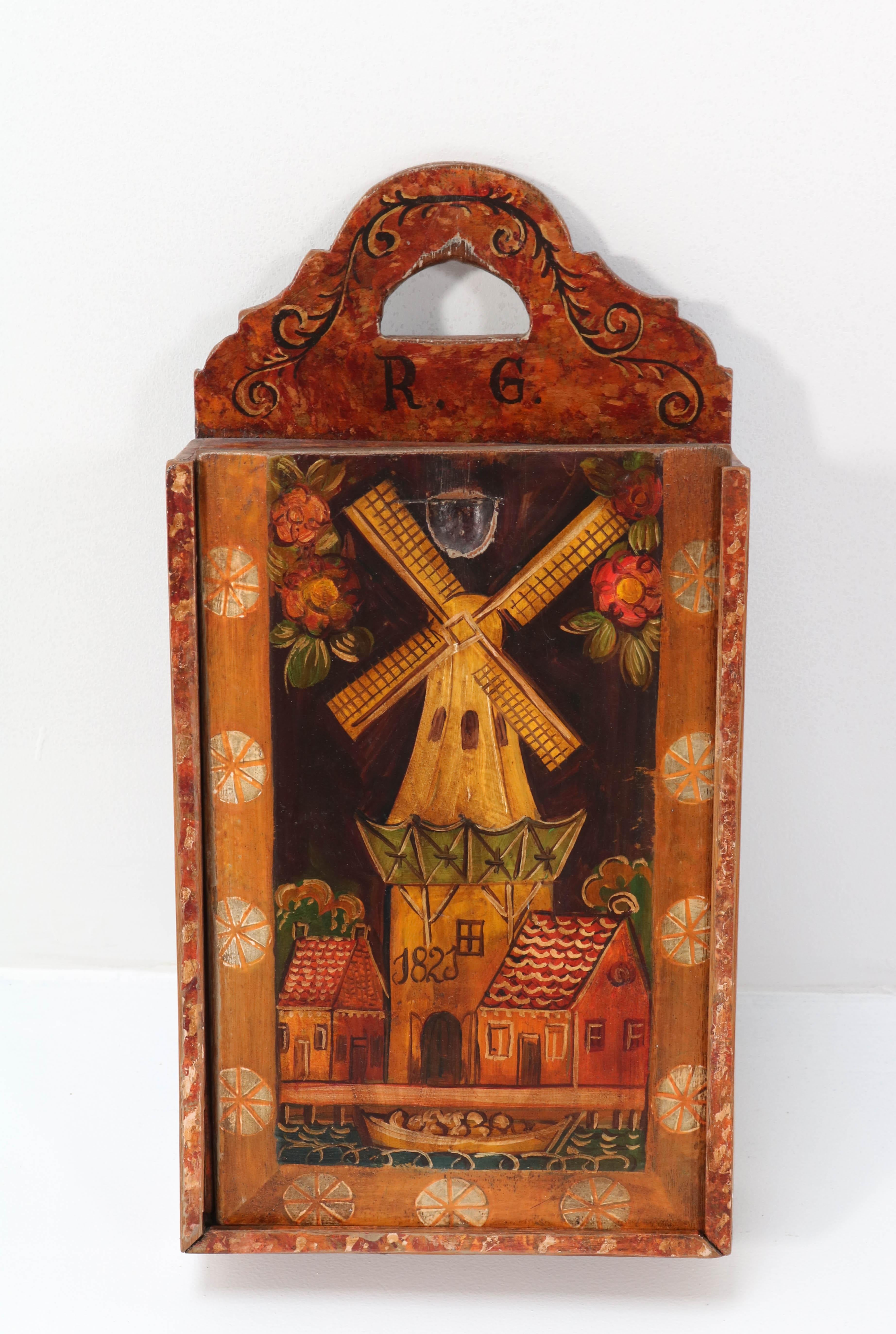 Hand-Painted Antique Folk Art Hand- Painted Wooden Hindeloopen School Box, 1823