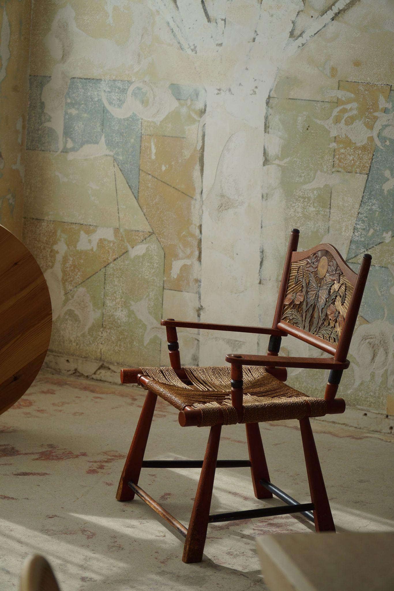 Primitivo Antica poltrona svedese artigianale di arte popolare, Wabi Sabi, inizio XX secolo in vendita