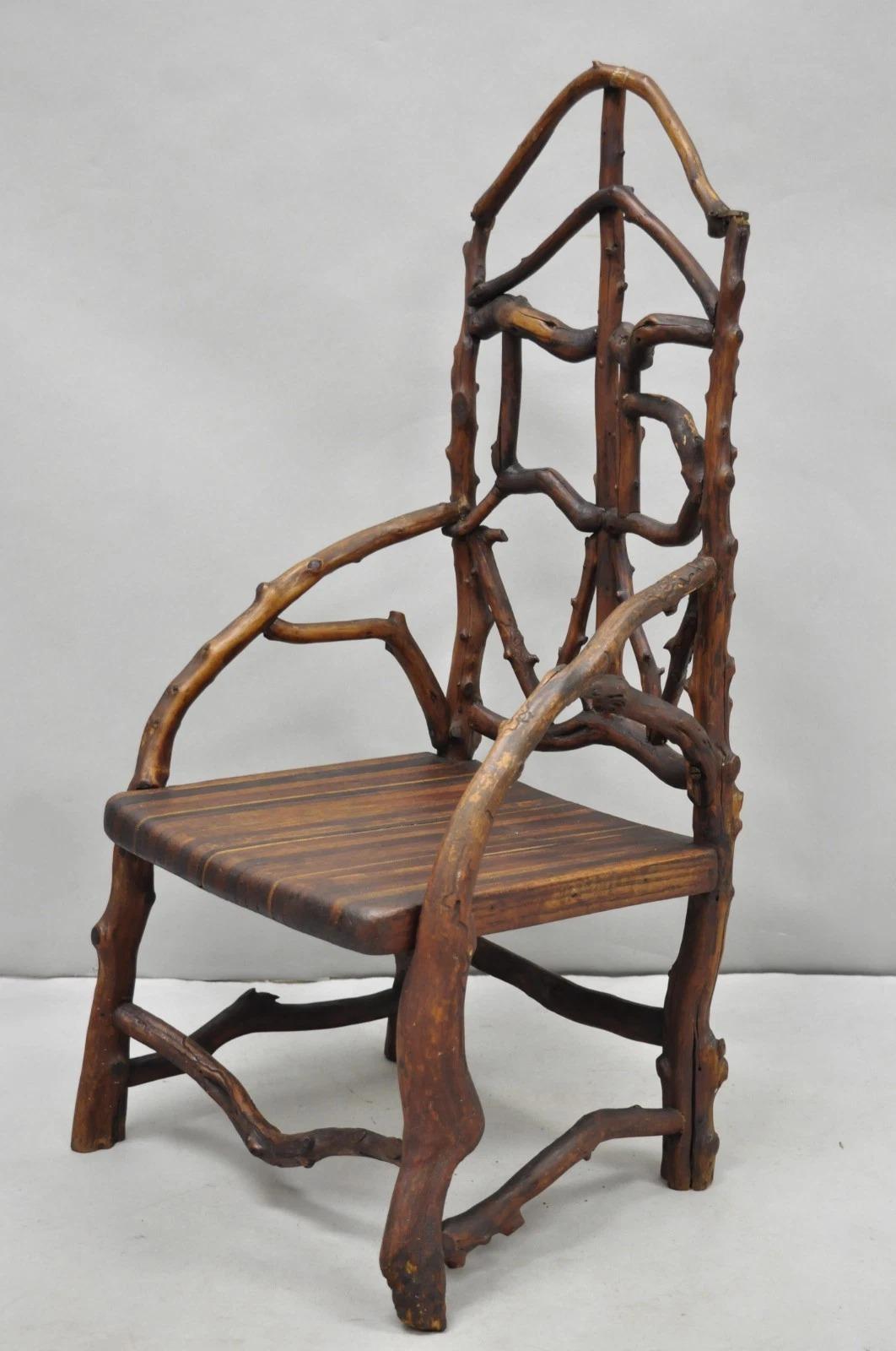 Antique Folk Art Handmade Wooden Twig Branch Adirondack Small Childs Chair im Angebot 6