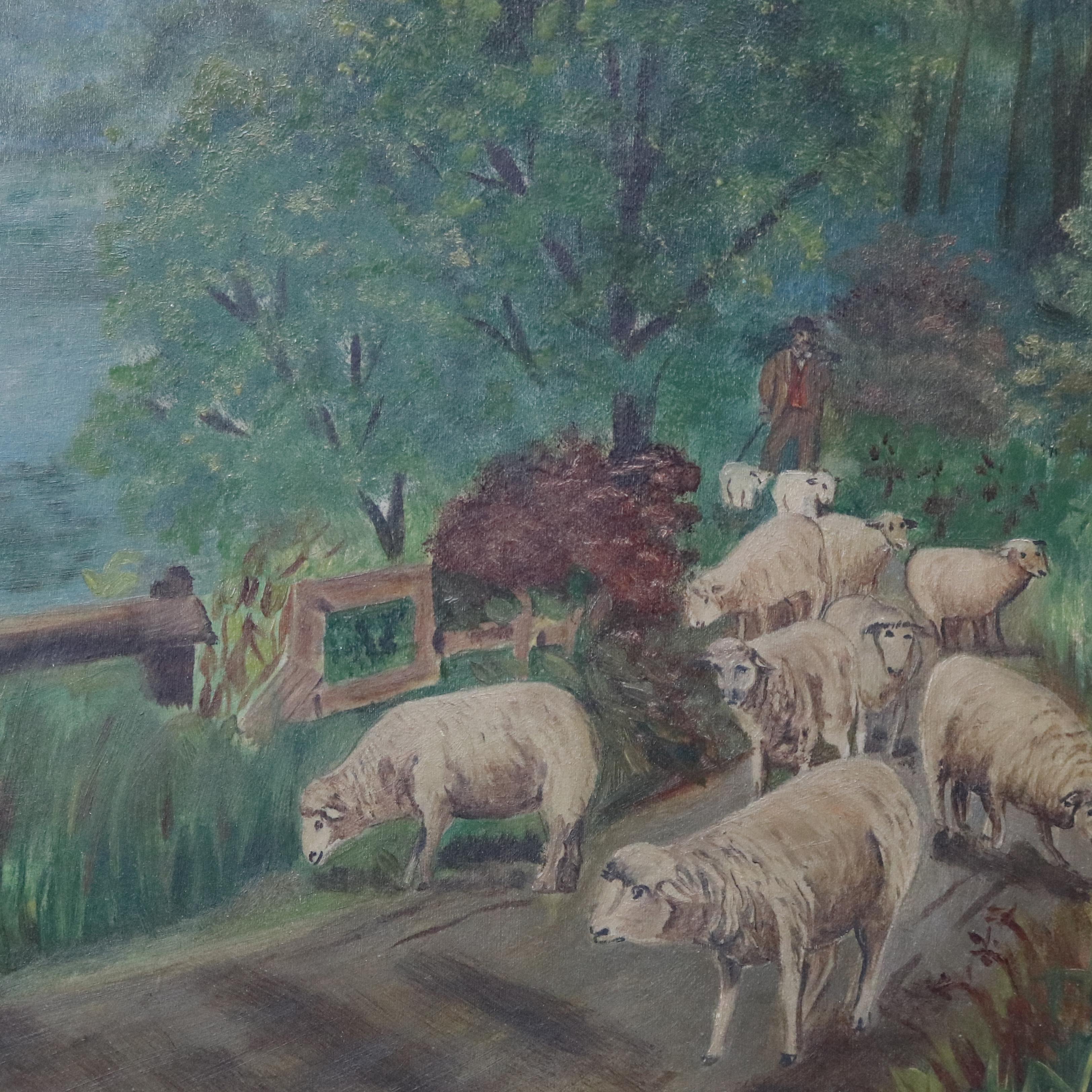 An antique Folk Art landscape oil painting on board depicts stream setting with path and shepherd with sheep, seated in giltwood frame, circa 1890

Measures: overall 17.5