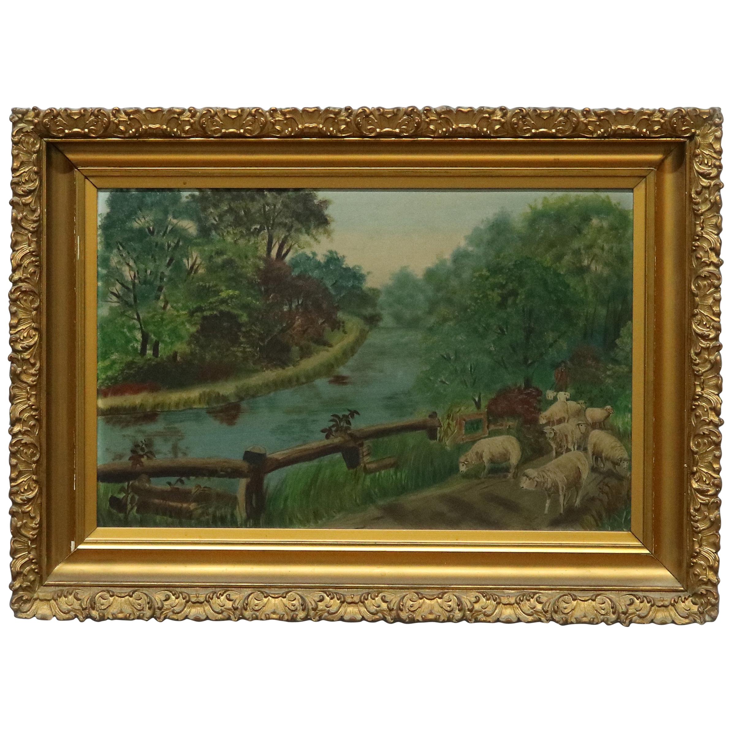 Antique Folk Art Landscape Oil Painting on Board with Sheep, Circa 1890
