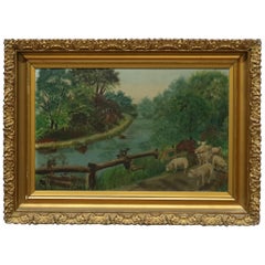 Antique Folk Art Landscape Oil Painting on Board with Sheep, Circa 1890