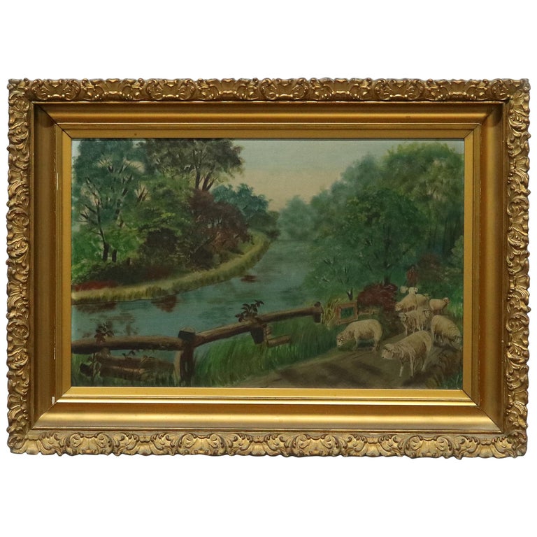 Antique Folk Art Landscape Oil Painting on Board with Sheep, Circa 1890 ...