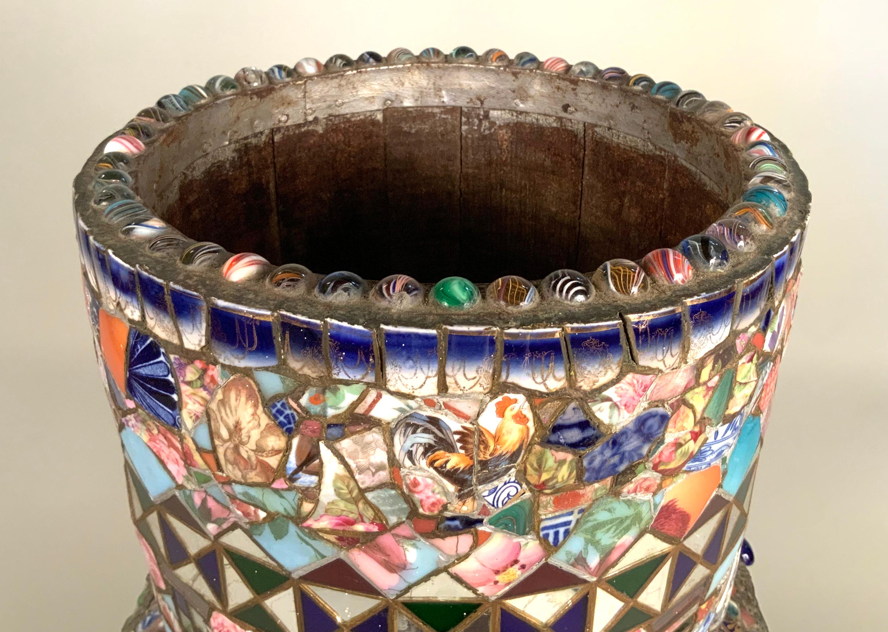 Hardwood Antique Folk Art Memory Mosaic Plant Stand