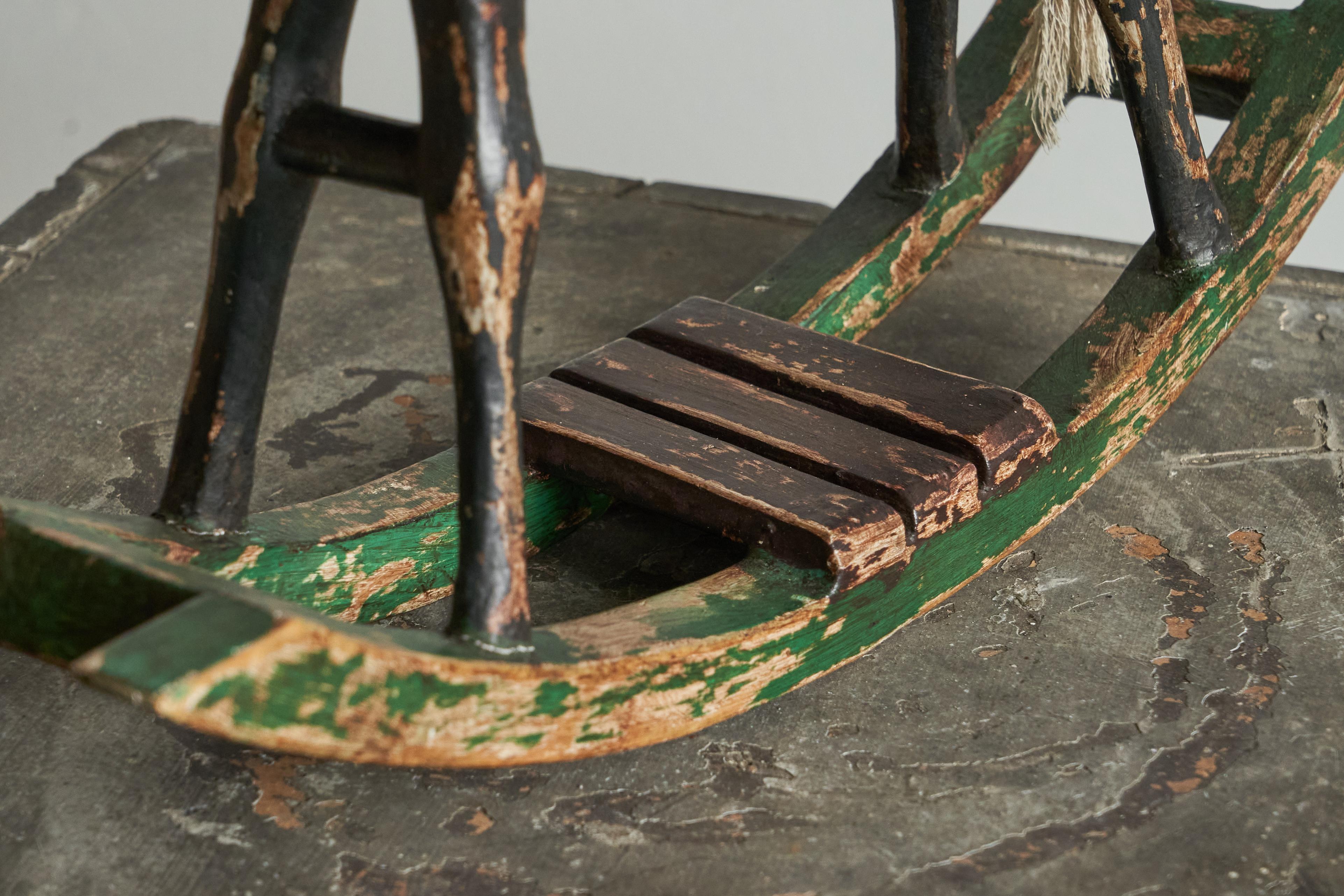 Antique Folk Art Miniature Rocking Horse in Painted Wood In Good Condition For Sale In Meer, VAN