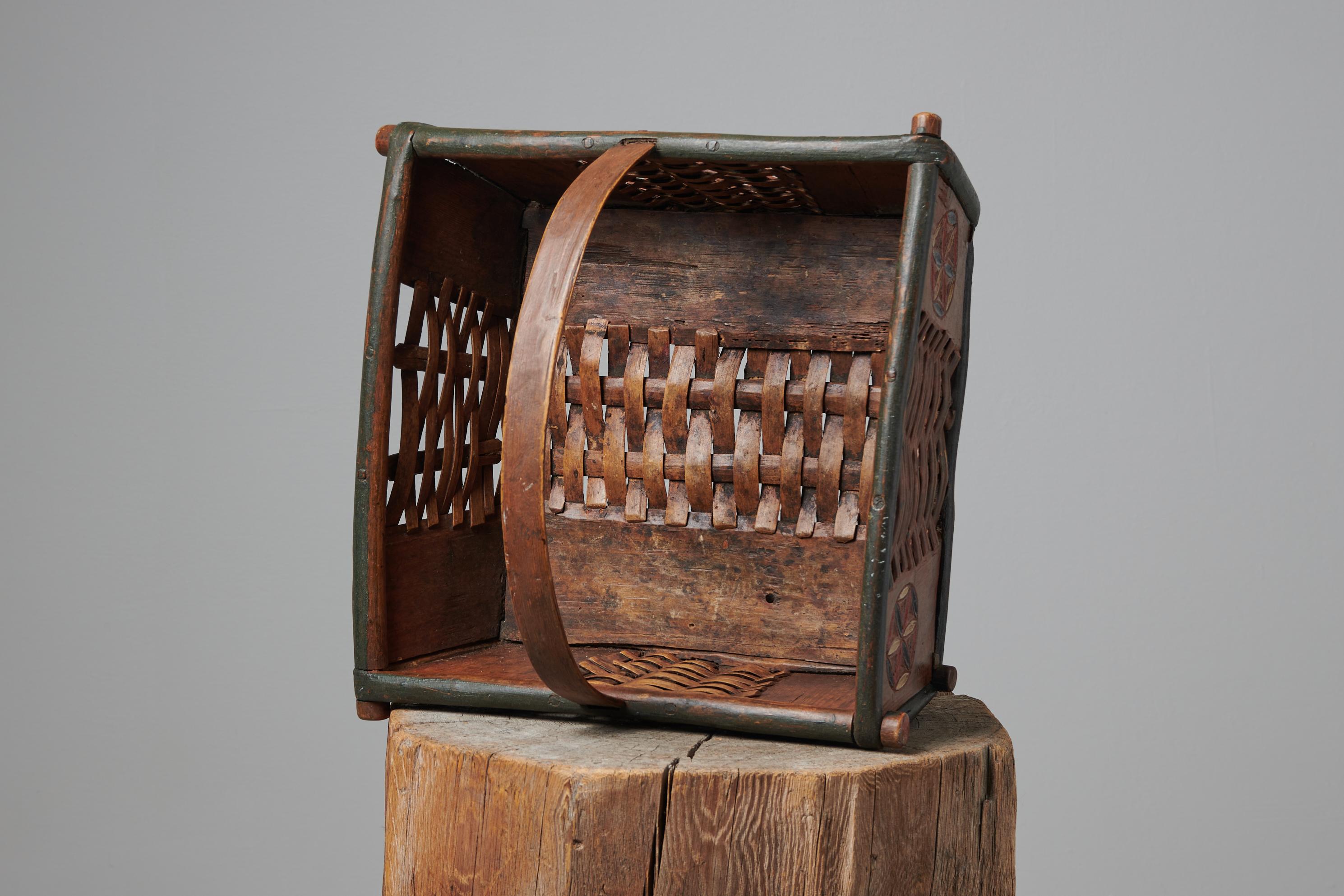 Pine Antique Folk Art Northern Swedish Handmade Basket For Sale