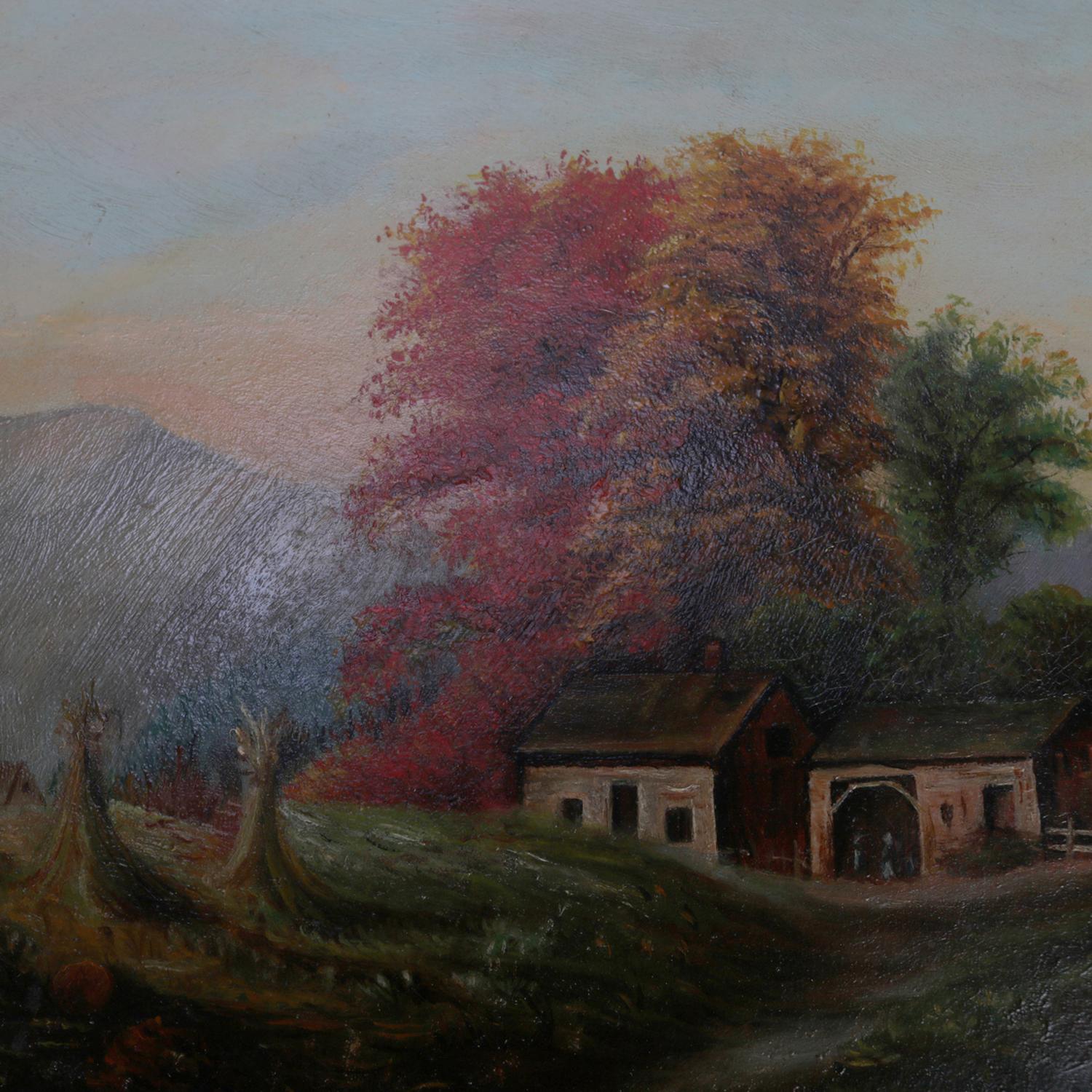 American Antique Folk Art Oil on Board Landscape Painting with Farm, 20th Century