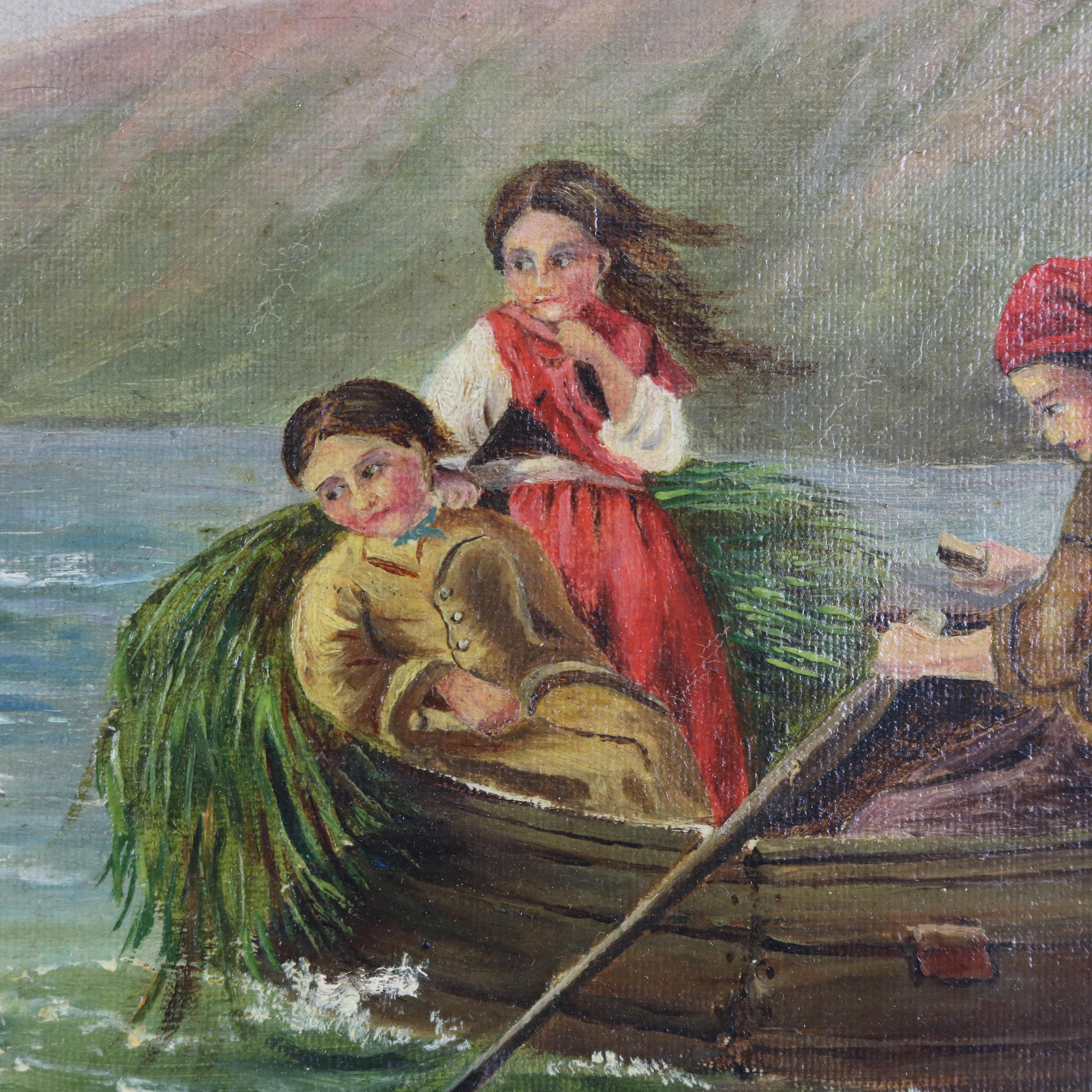 An antique Folk Art oil painting on canvas depicts river scene with swimming dogs and children in a boat, seated in giltwood frame, c1890

Measures: 15.25