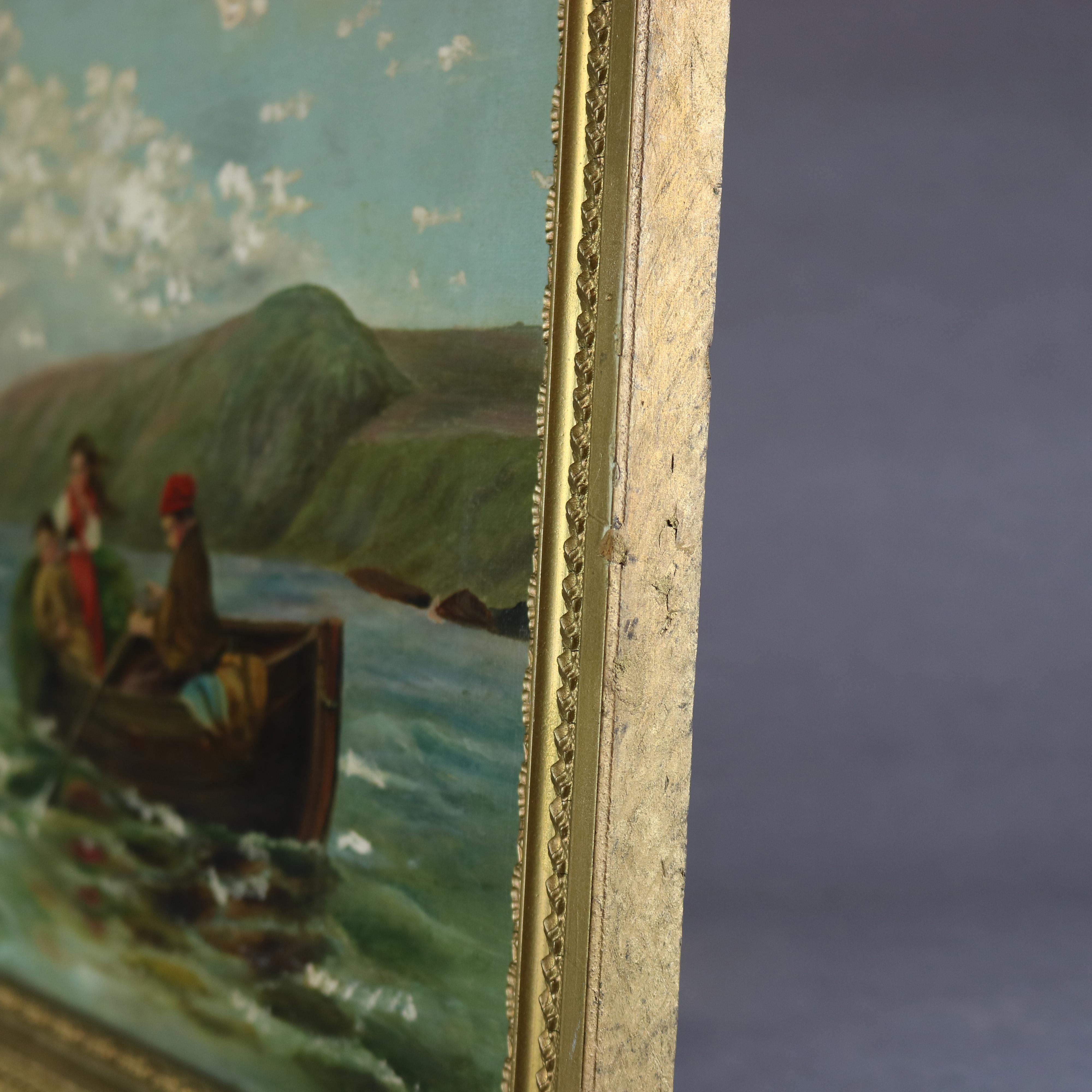 Antique Folk Art Oil on Canvas Painting of Children in Boat, Circa 1890 2
