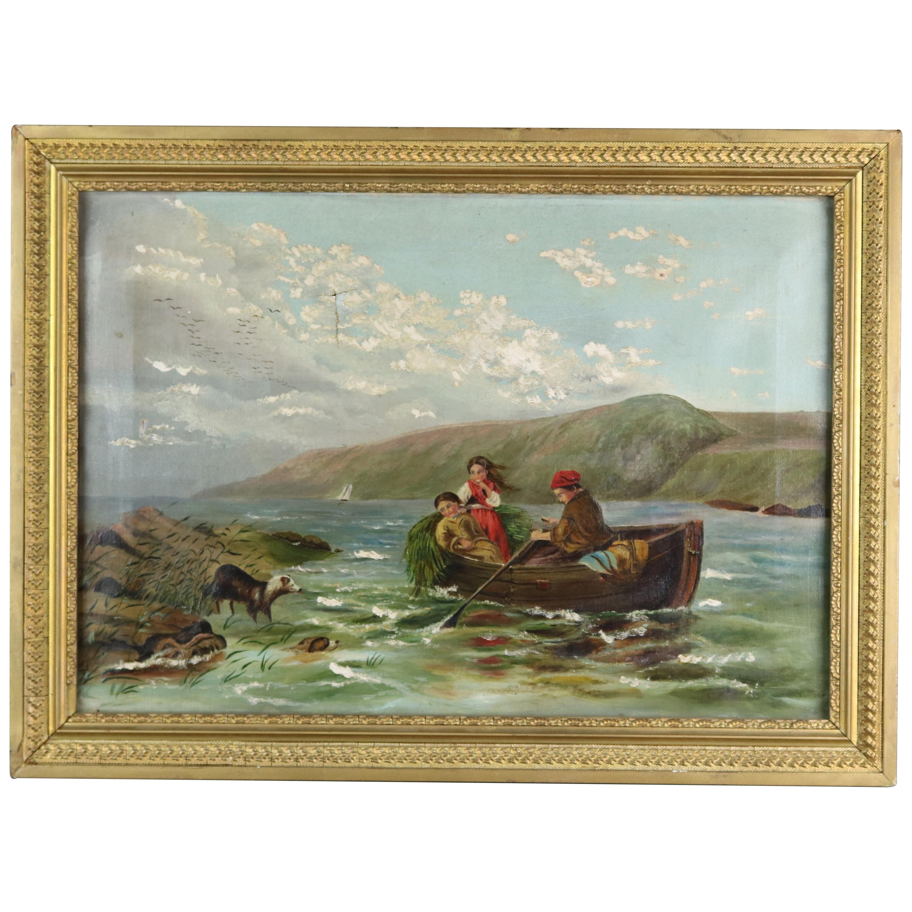 Antique Folk Art Oil on Canvas Painting of Children in Boat, Circa 1890