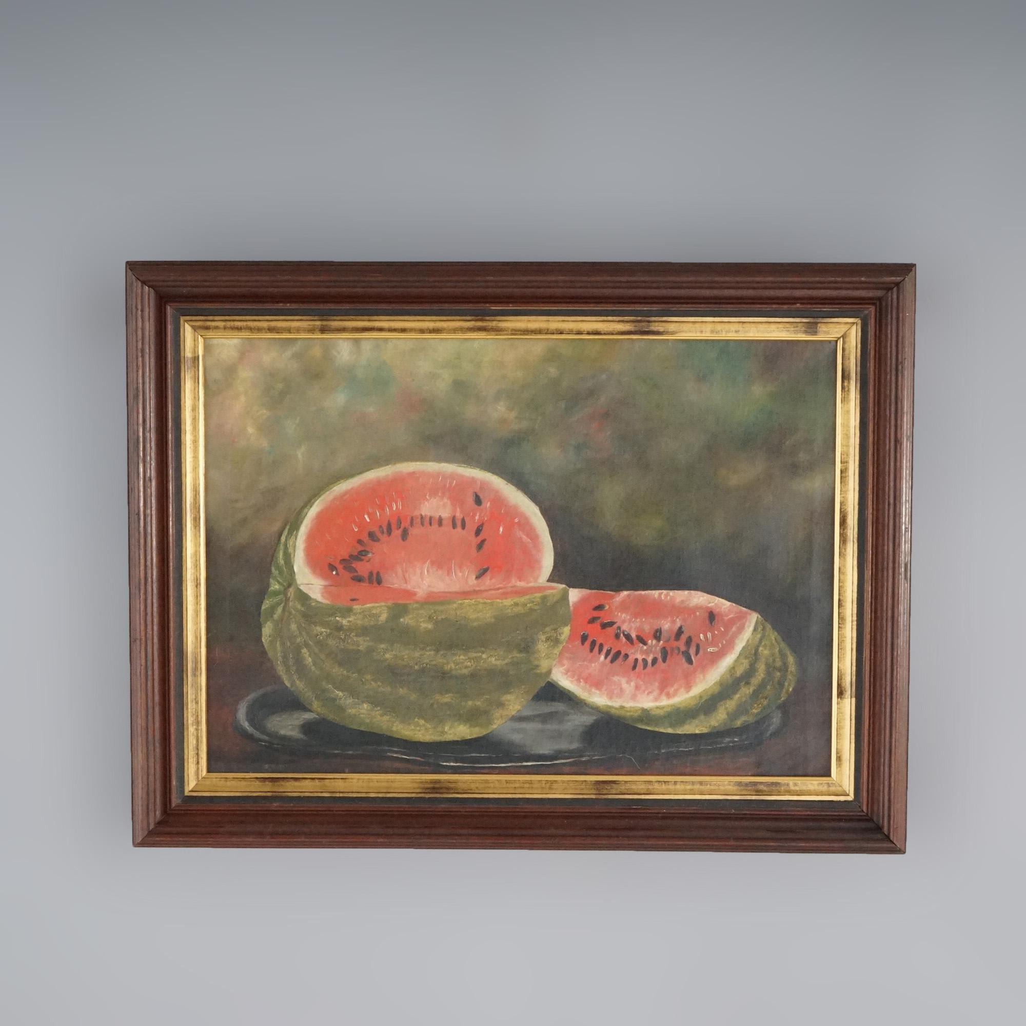 An antique Folk Art painting offers oil on canvas fruit still life of watermelon, seated in parcel gilt frame, 19th century

Measures - 22.5