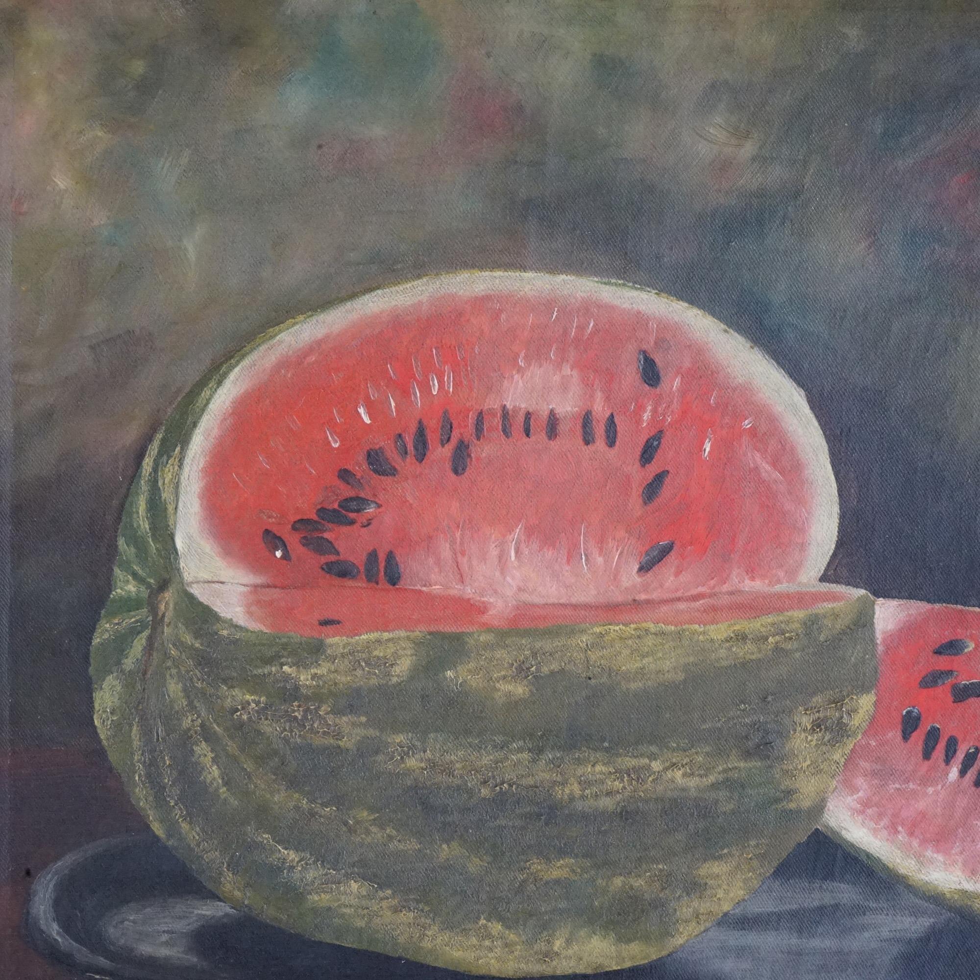 Hand-Painted Antique Folk Art Oil Painting Fruit Still Life of Watermelon, 19th Century