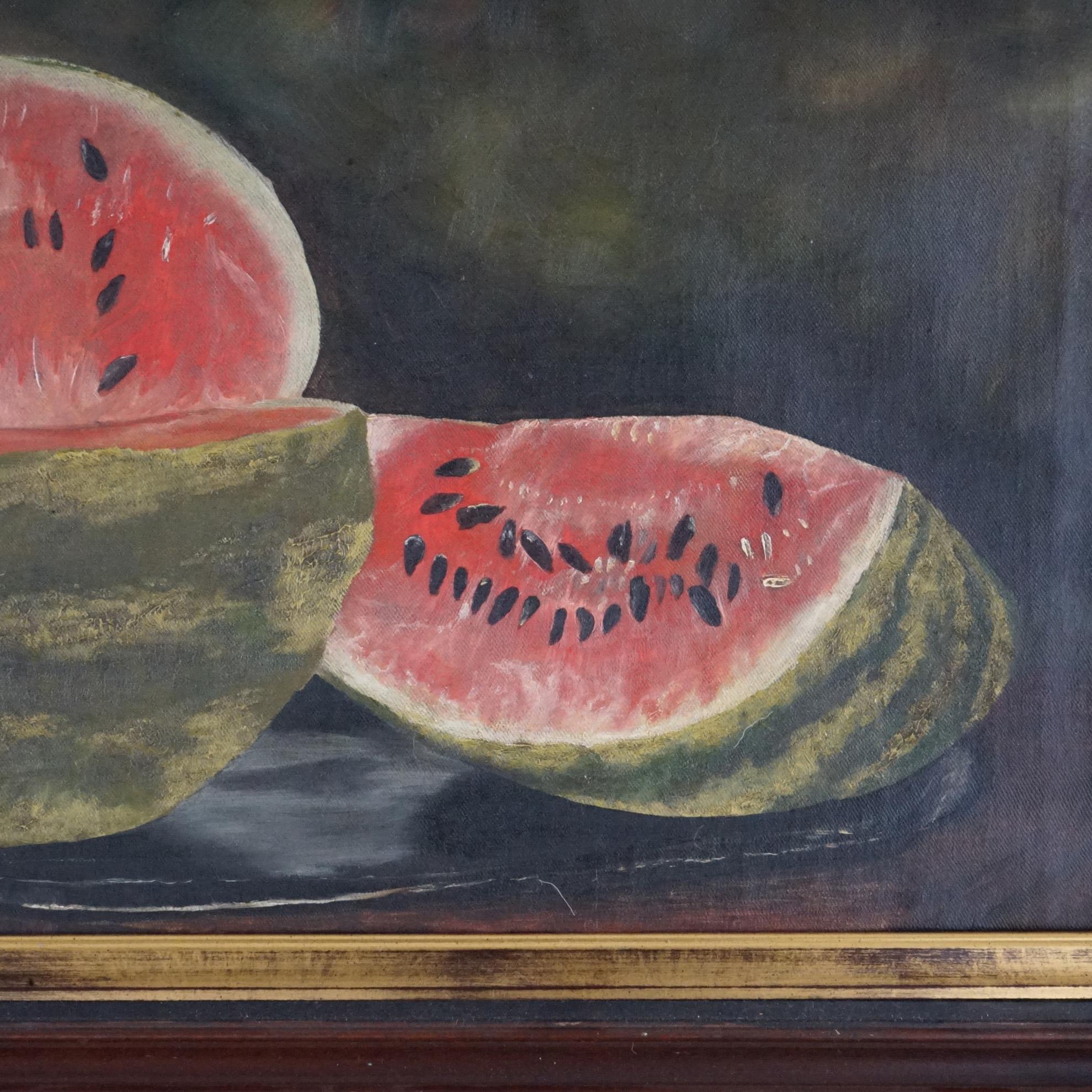 Antique Folk Art Oil Painting Fruit Still Life of Watermelon, 19th Century In Good Condition In Big Flats, NY