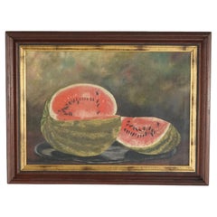 Antique Folk Art Oil Painting Fruit Still Life of Watermelon, 19th Century