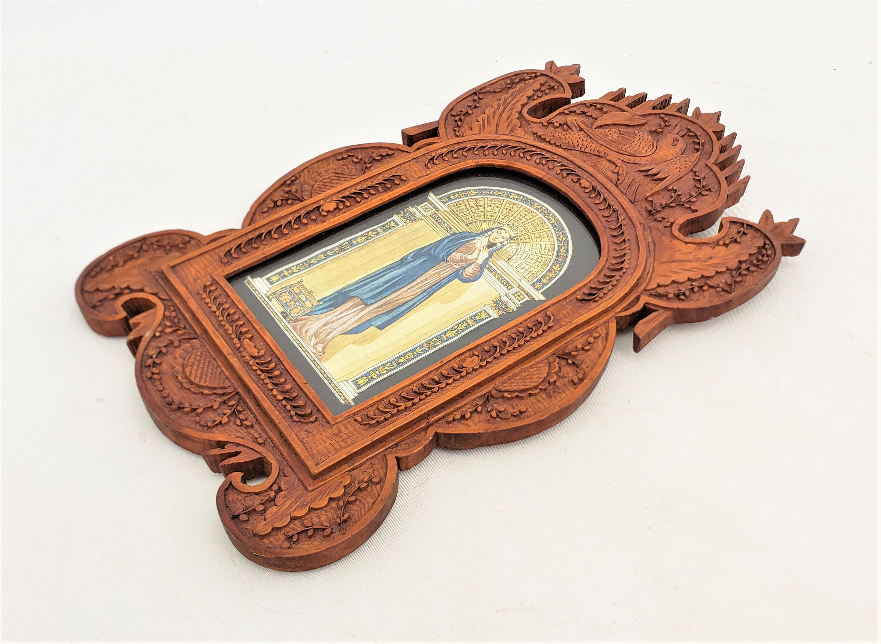 Unknown Antique Folk Art Ornately Carved Wooden Picture Frame with Birds & Flowers For Sale