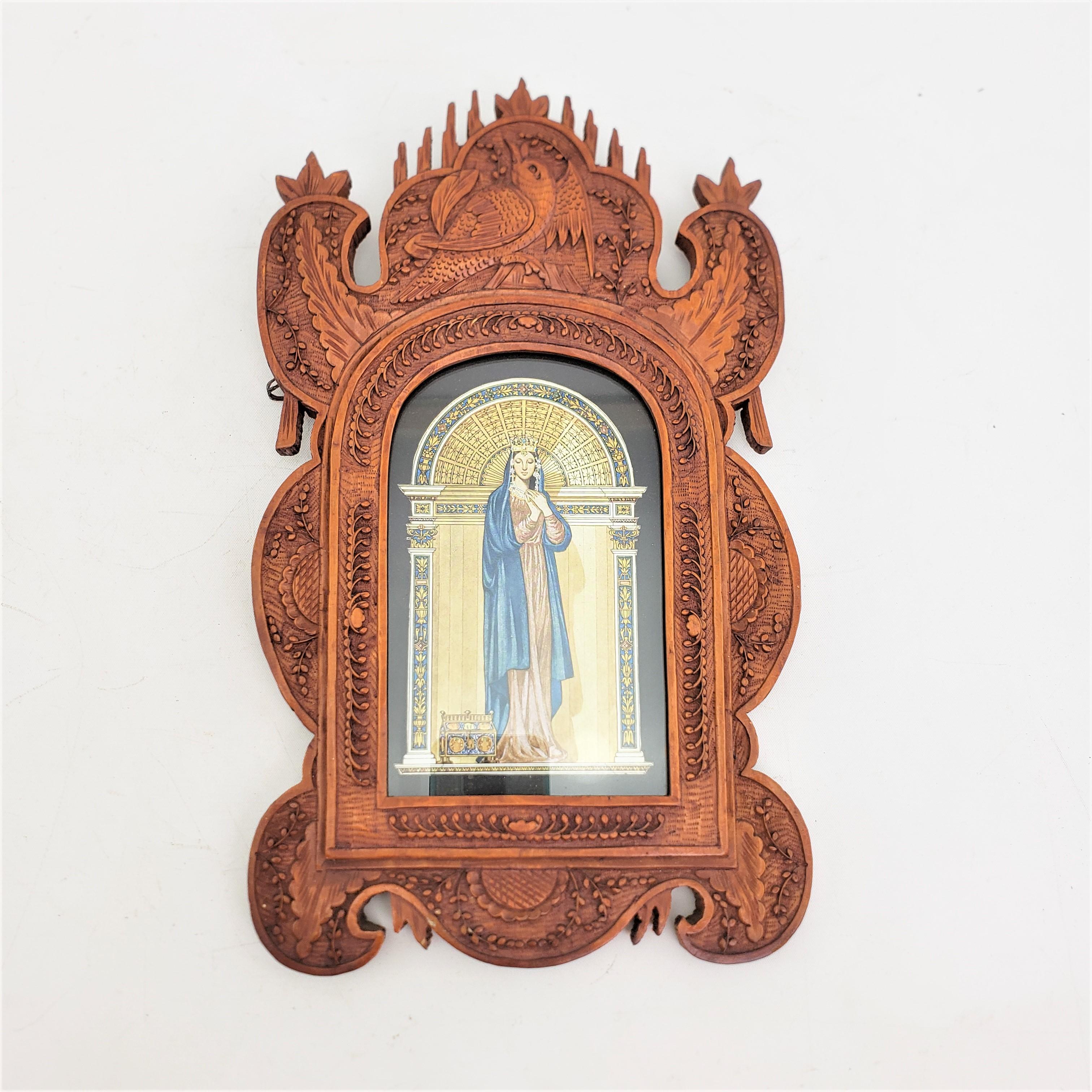 Softwood Antique Folk Art Ornately Carved Wooden Picture Frame with Birds & Flowers For Sale