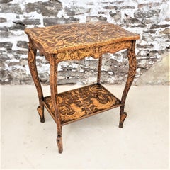 Antique Folk Art Ornately Decorated Pyro Two Tiered Accent Table