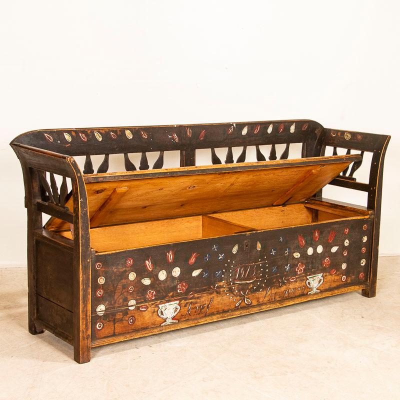 Hungarian Antique Folk Art Painted Bench with Storage Dated 1913