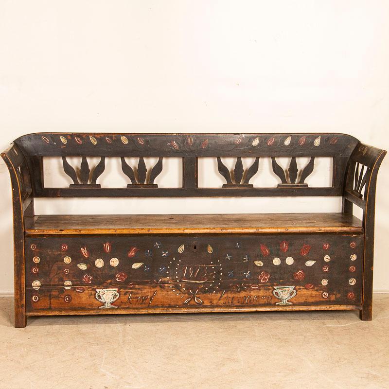 Antique Folk Art Painted Bench with Storage Dated 1913 In Good Condition In Round Top, TX