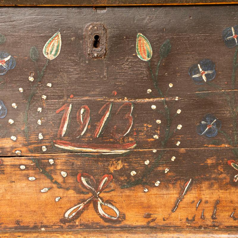 Antique Folk Art Painted Bench with Storage Dated 1913 2