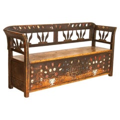 Antique Folk Art Painted Bench with Storage Dated 1913