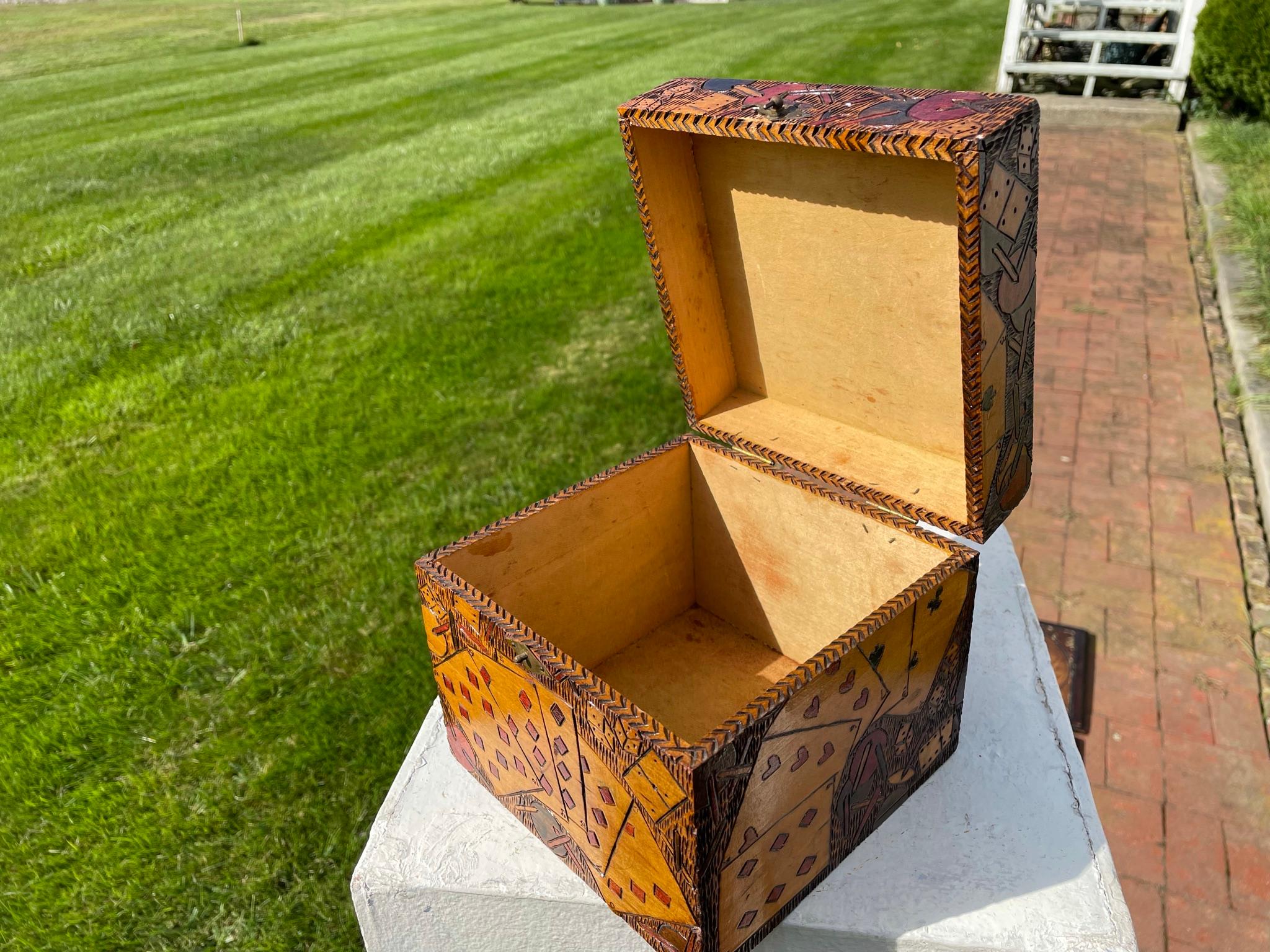 Antique Folk Art Painted Playing Card Games Box, 1930 For Sale 2