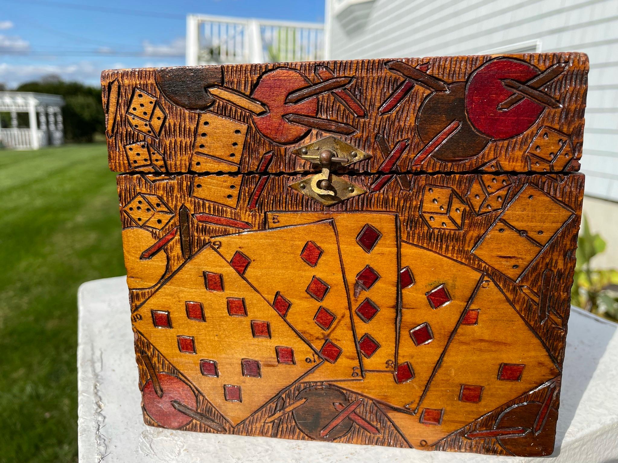 Antique Folk Art Painted Playing Card Games Box, 1930 For Sale 3