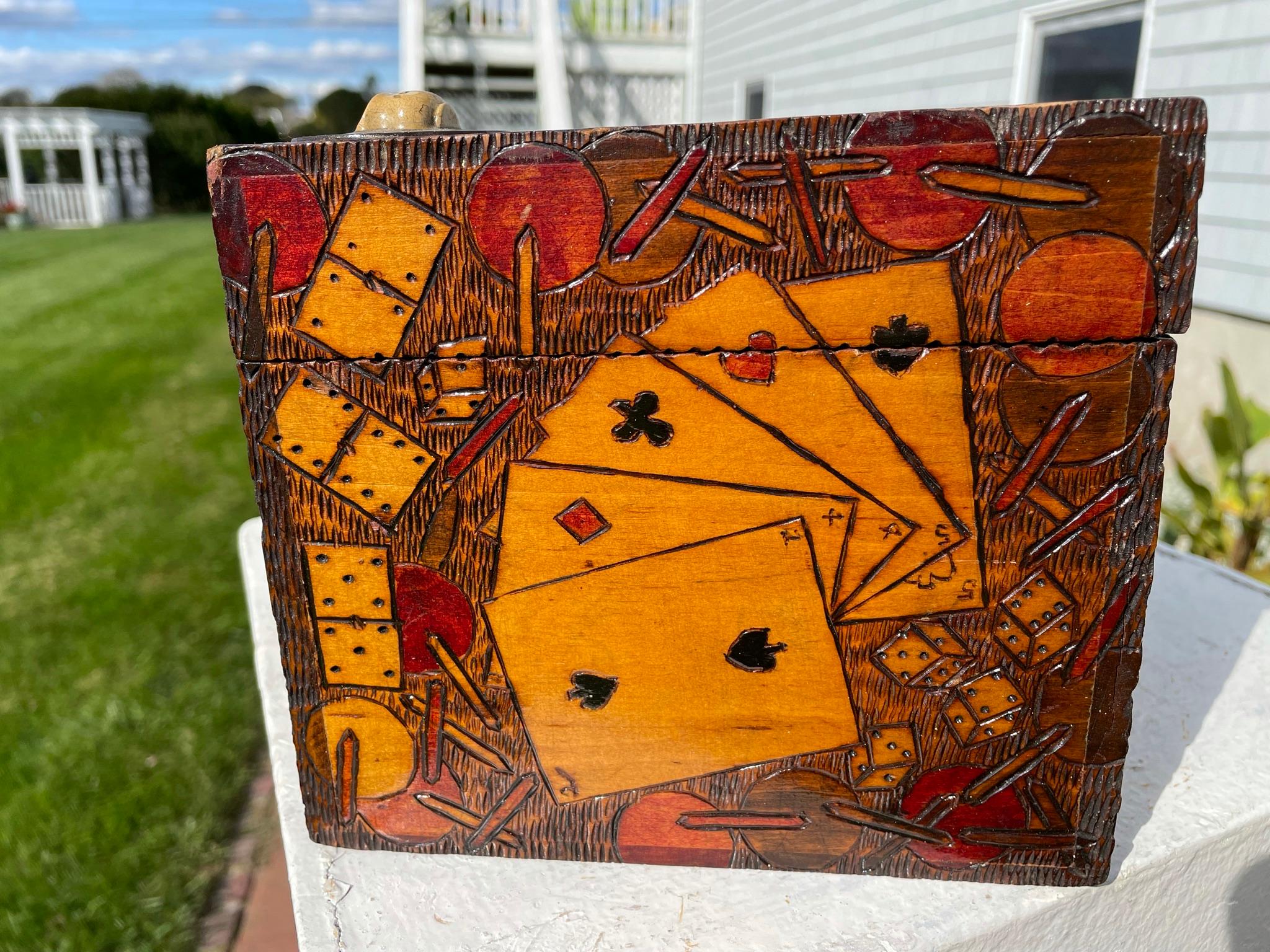 Antique Folk Art Painted Playing Card Games Box, 1930 For Sale 4