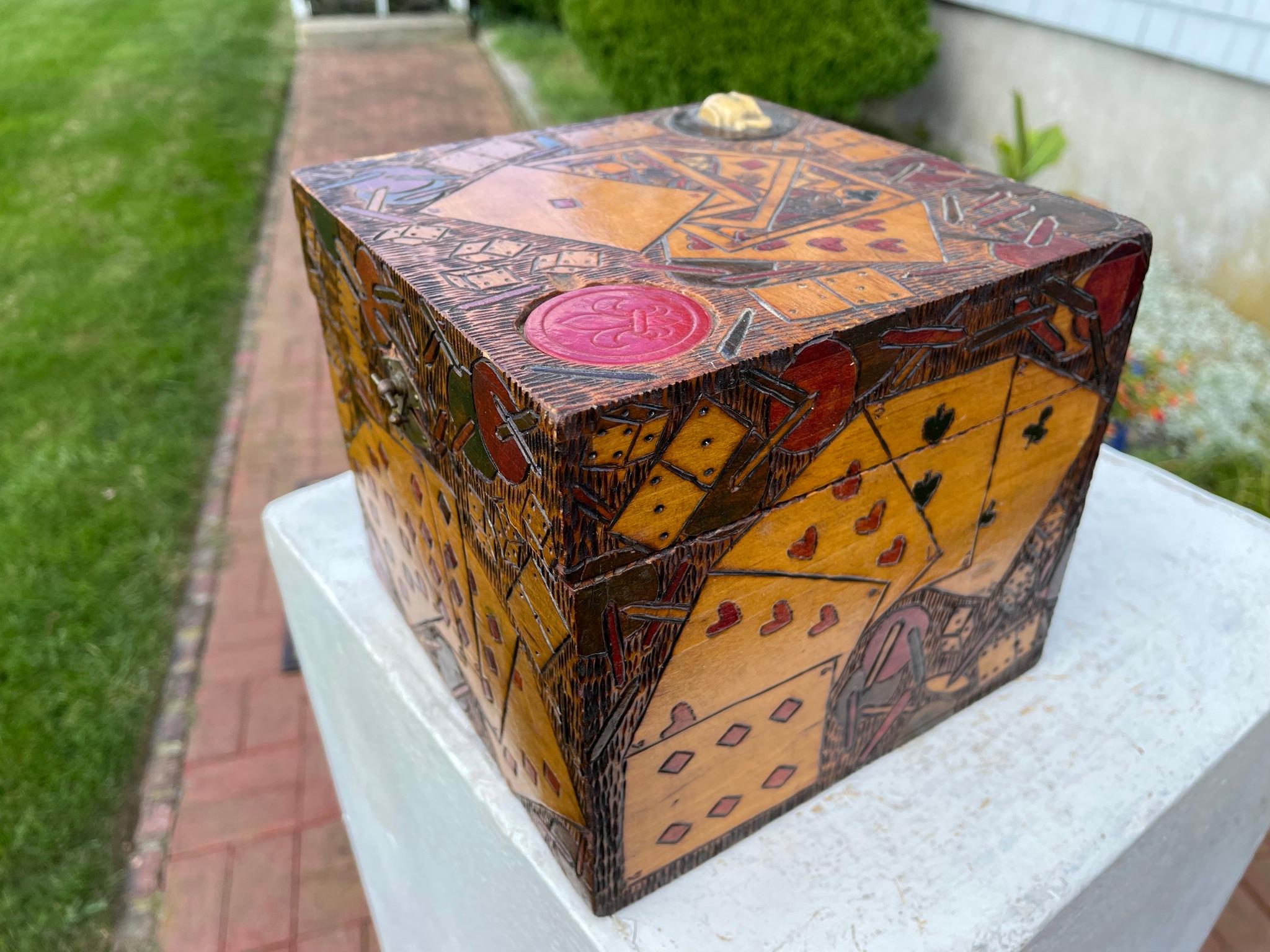 Antique Folk Art Painted Playing Card Games Box, 1930 For Sale 7