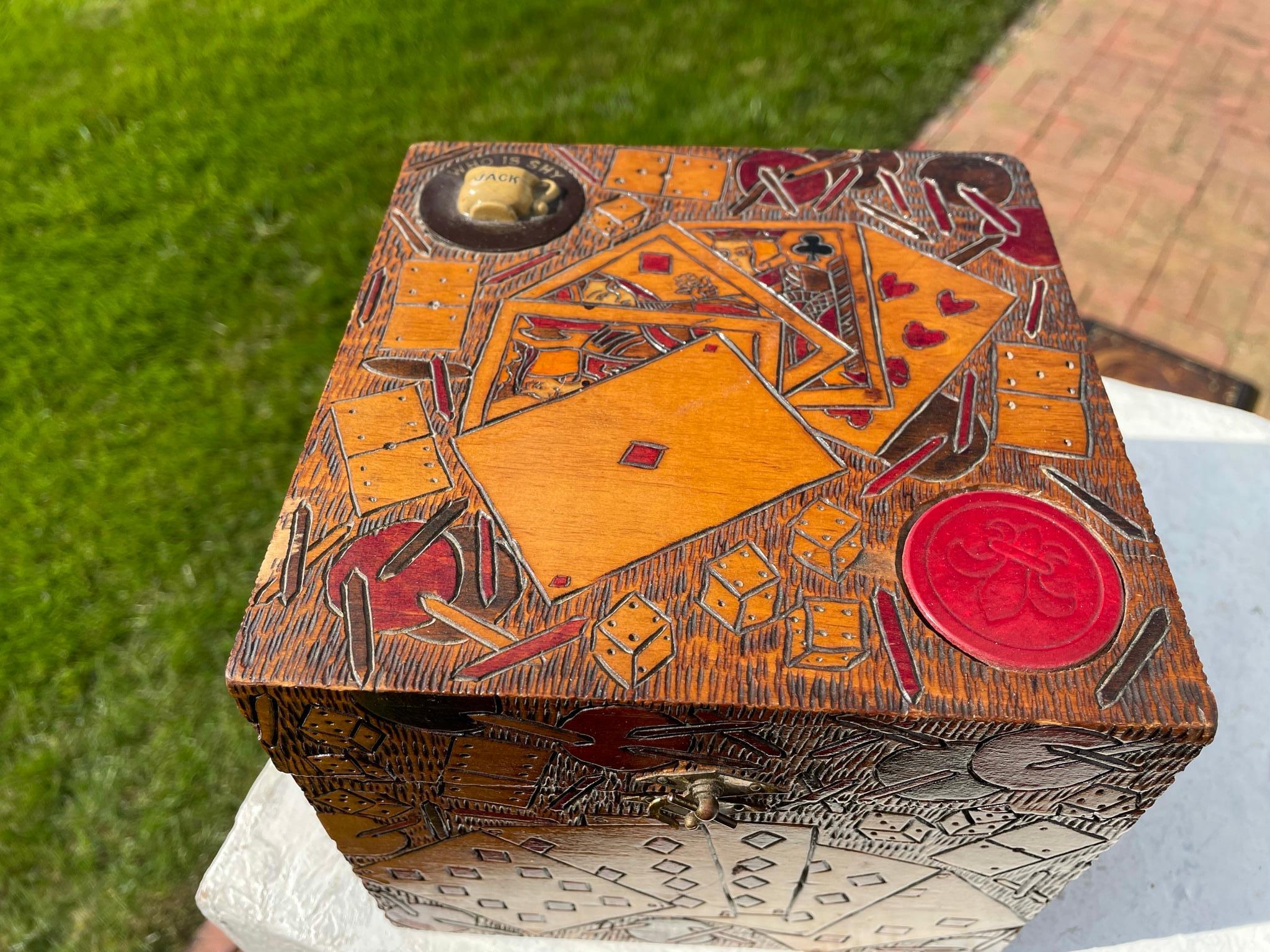 Hand-Carved Antique Folk Art Painted Playing Card Games Box, 1930 For Sale