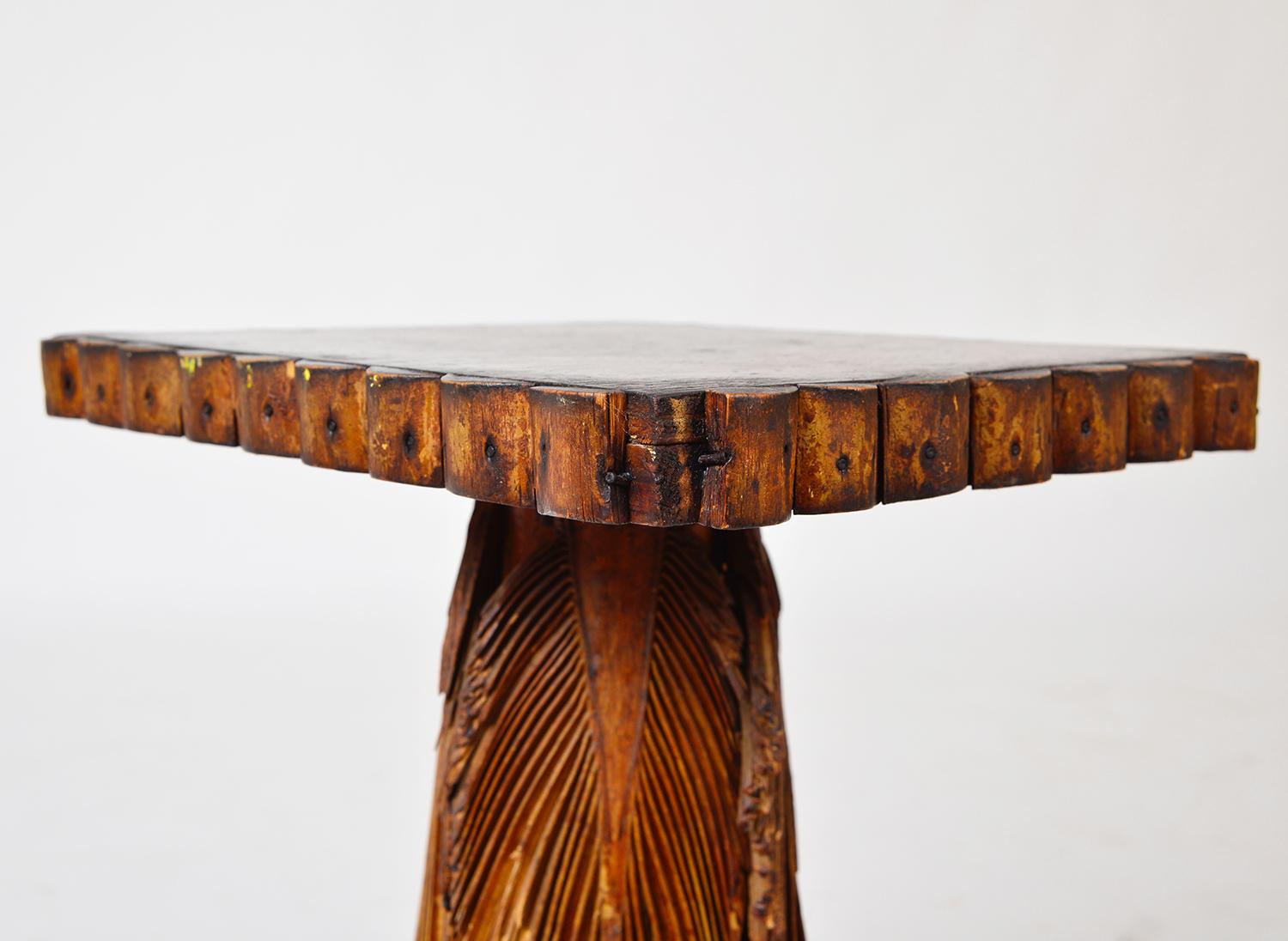 Antique Folk Art Palm Frond Wood Occasional Table Tramp Art Tiki Decorative 2