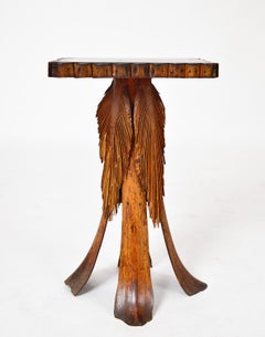 Antique Folk Art Palm Frond Wood Occasional Table Tramp Art Tiki Decorative