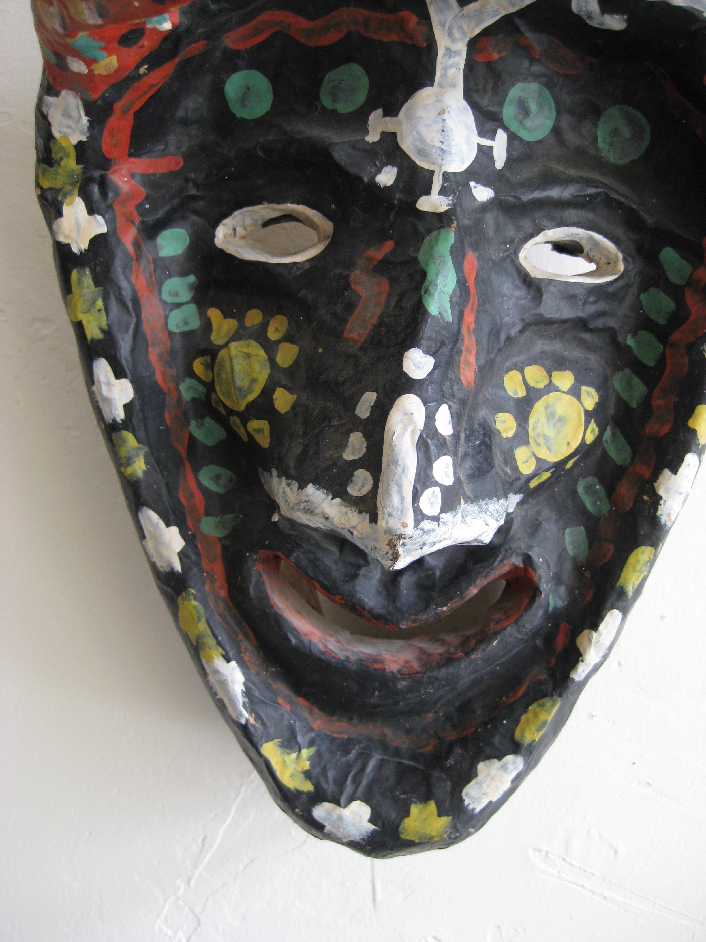 Hand-Crafted Antique Folk Art Papier Paper Mâché Mardi Gras Halloween Voodoo Costume Mask For Sale
