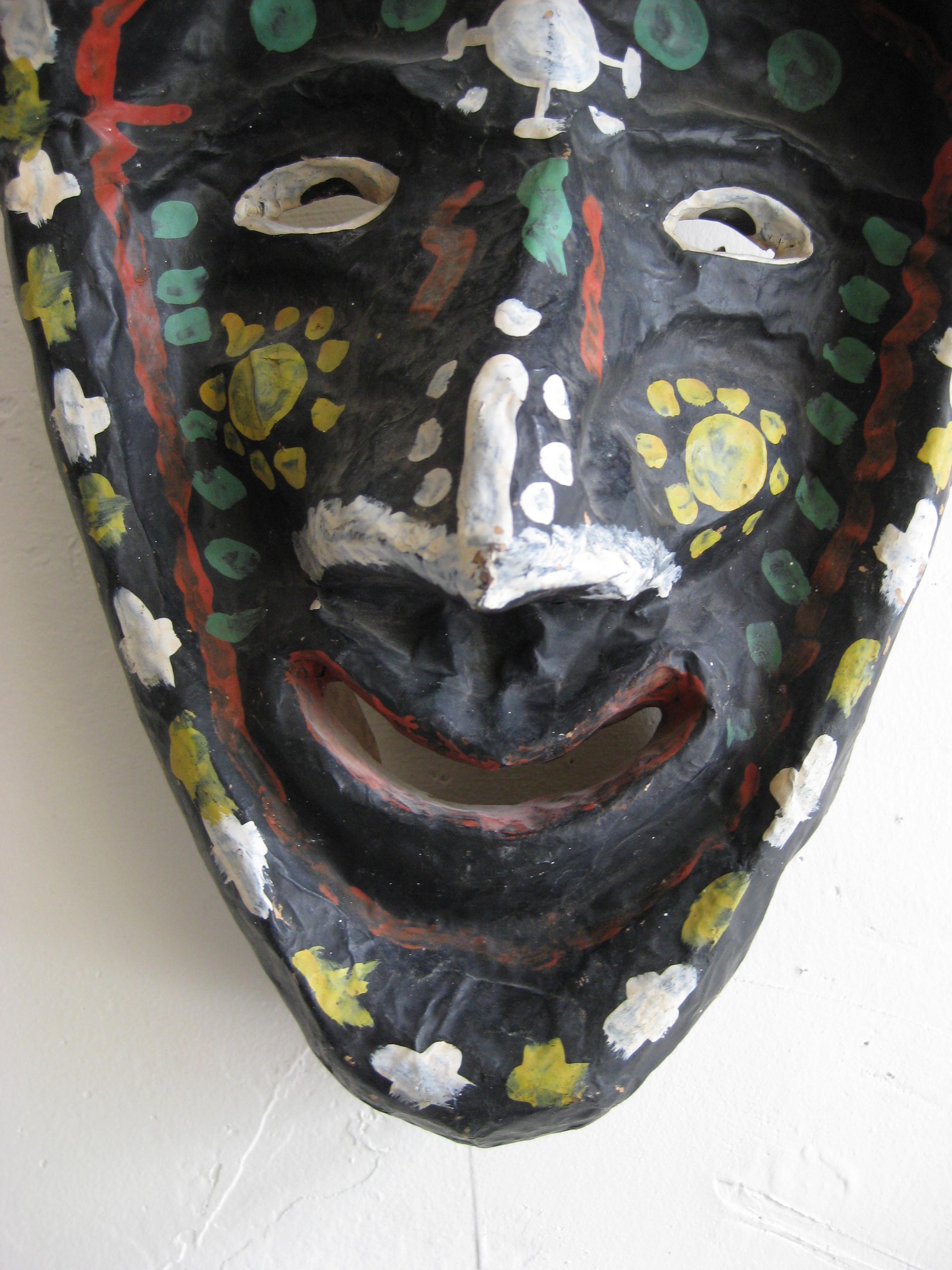 Antique Folk Art Papier Paper Mâché Mardi Gras Halloween Voodoo Costume Mask In Good Condition For Sale In San Diego, CA