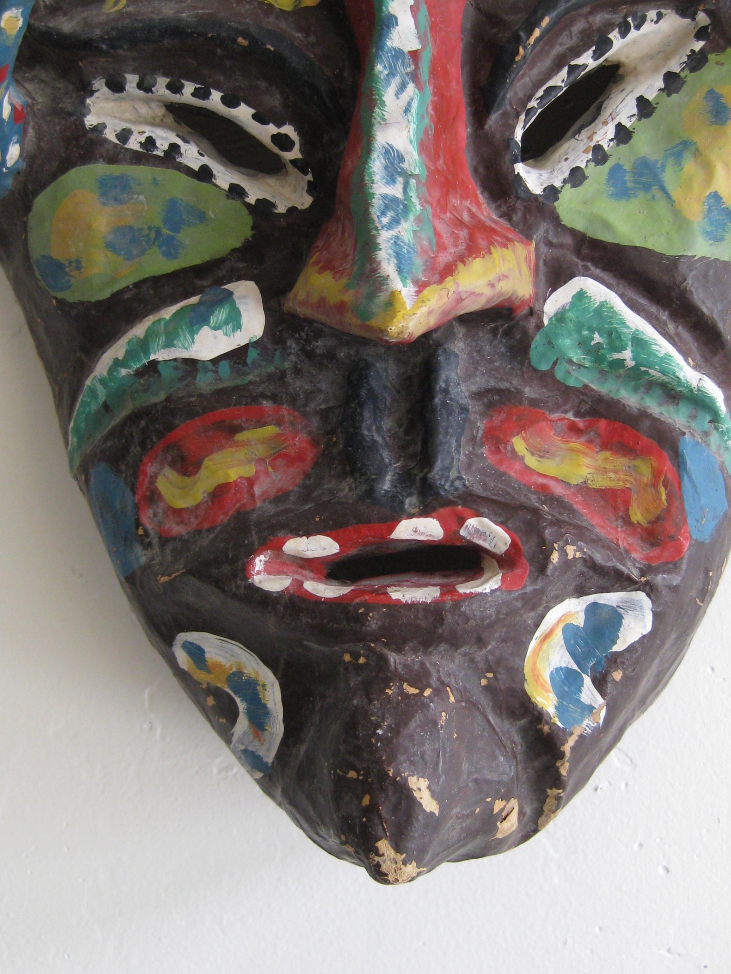 Antique Folk Art Papier Paper Mâché Mardi Gras Halloween Voodoo Costume Mask In Good Condition For Sale In San Diego, CA