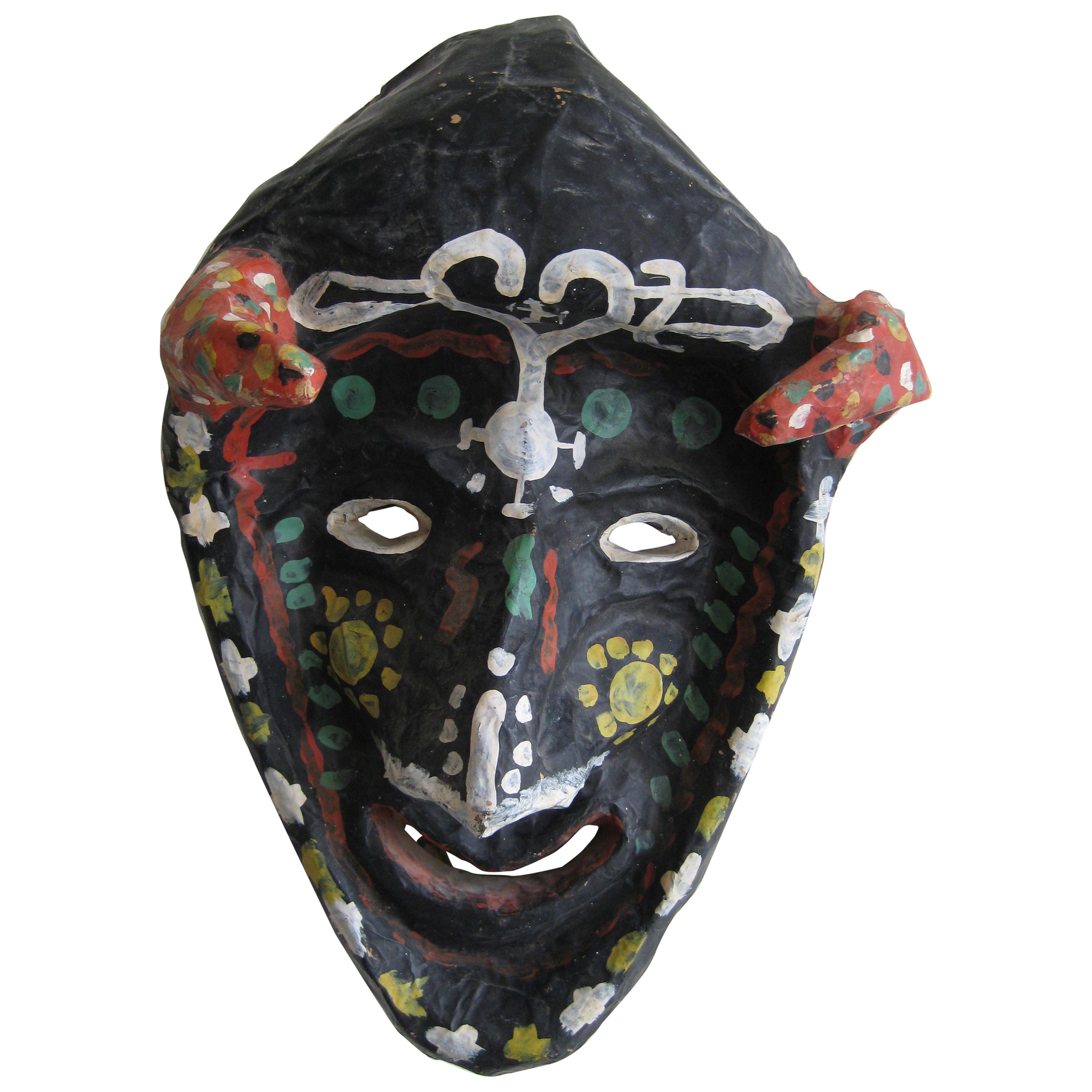 Antique Folk Art Papier Paper Mâché Mardi Gras Halloween Voodoo Costume Mask For Sale