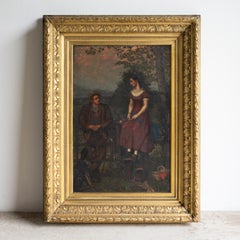 Antique Folk Art Portrait Depicting Romantic Scene, Original Oil Painting 19th C.