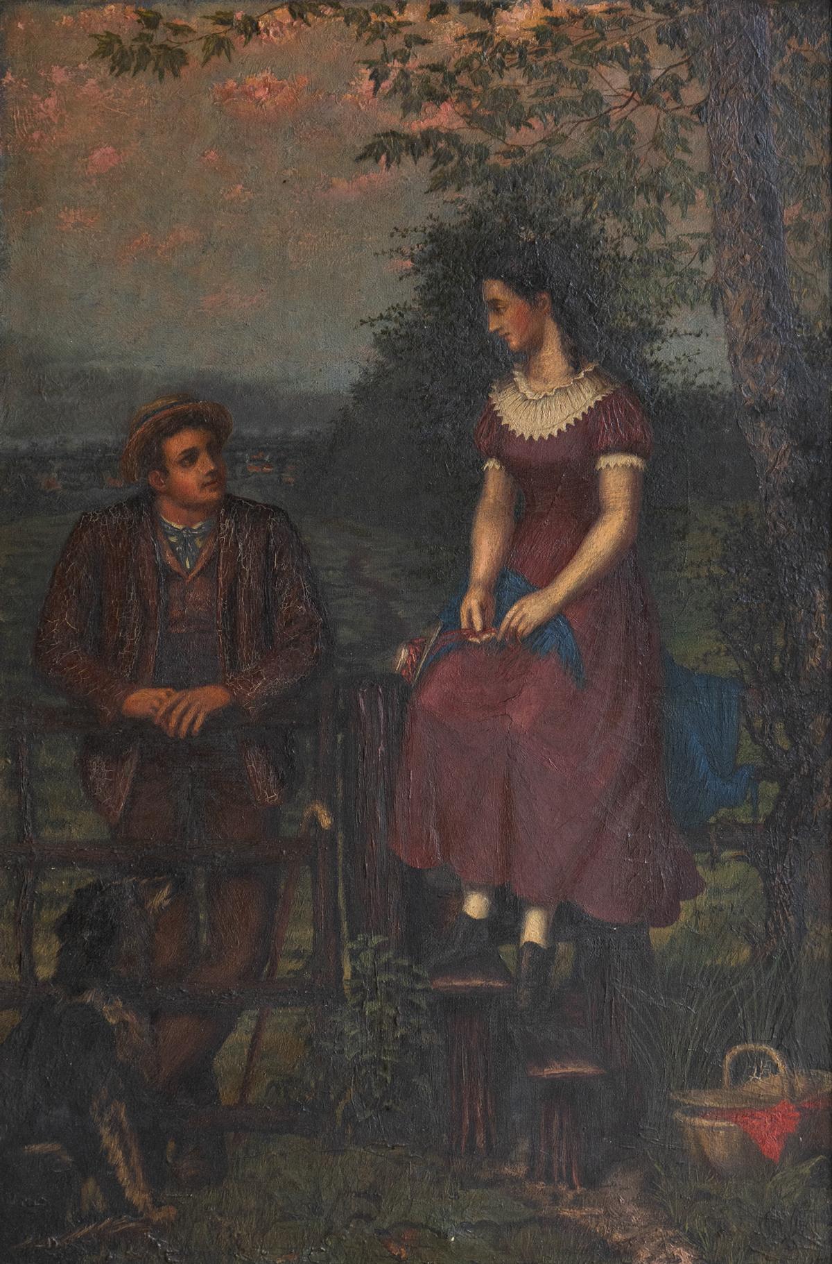 Antikes Volkskunstporträt mit romantischer Szene, Original Ölgemälde 19. (19. Jahrhundert) im Angebot